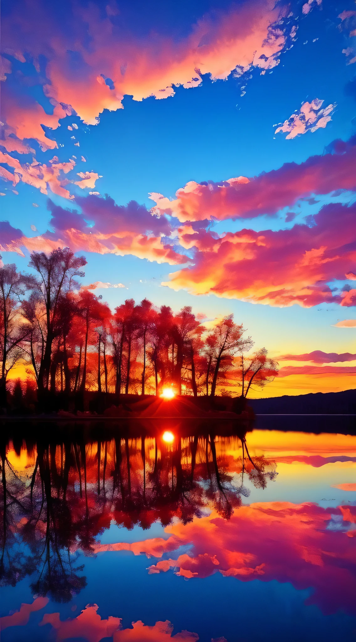 there is a beautiful sunset with a lake and trees in the background, colorful skies, surreal colors, colorful sunset, colorful sky, marvellous reflection of the sky, stunning sky, dream like atmosphere 8k, colorful clouds, colors reflecting on lake, surreal sky, red and blue reflections, fire reflection, beautiful sky, beautiful and spectacular dusk, beautiful dreamy landscape, amazing sky