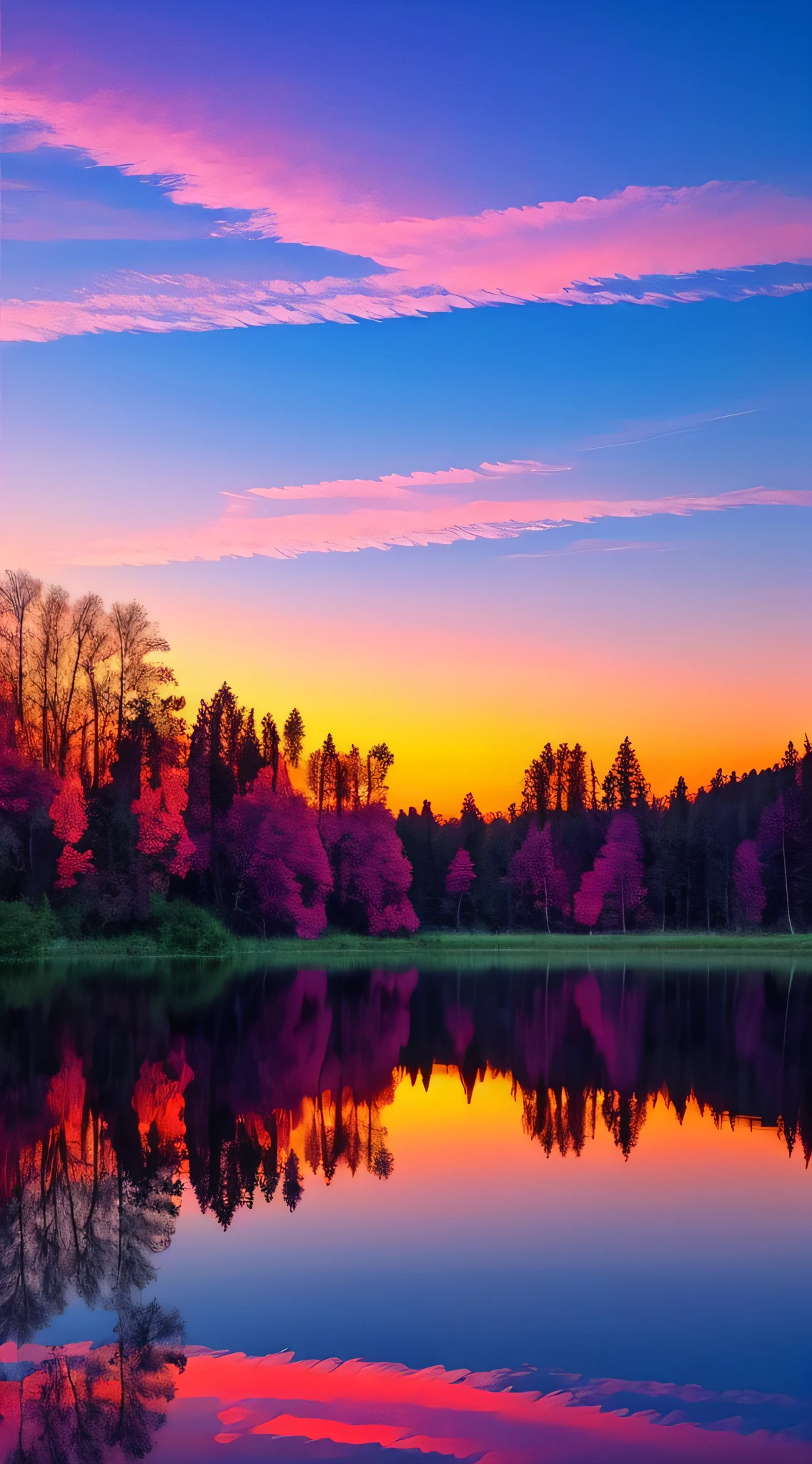there is a beautiful sunset with a lake and trees in the background, colorful skies, surreal colors, colorful sunset, colorful sky, marvellous reflection of the sky, stunning sky, dream like atmosphere 8k, colorful clouds, colors reflecting on lake, surreal sky, red and blue reflections, fire reflection, beautiful sky, beautiful and spectacular dusk, beautiful dreamy landscape, amazing sky