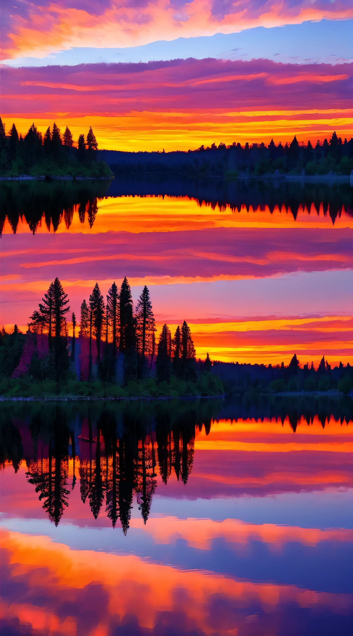 there is a beautiful sunset with a lake and trees in the background, colorful skies, surreal colors, colorful sunset, colorful sky, marvellous reflection of the sky, stunning sky, dream like atmosphere 8k, colorful clouds, colors reflecting on lake, surreal sky, red and blue reflections, fire reflection, beautiful sky, beautiful and spectacular dusk, beautiful dreamy landscape, amazing sky