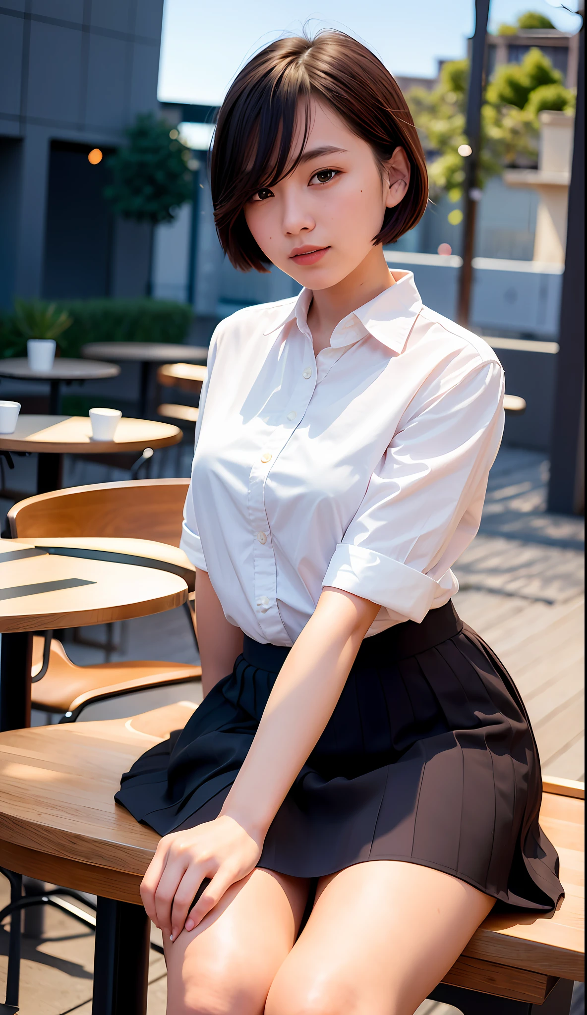 (8k, RAW photos, top quality, masterpieces: 1.2), (realistic, photorealistic: 1.37), ultra detail,
1 girl, cute, solo, beautiful detail sky, more café, night, sitting, dating, (blush), (smile: 1.5), (mouth closed), 18 years old,
Medium-breasted, beautiful detail eye, (collared shirt: 1.1), pleated skirt, (short hair: 1.2), floating hair
(Professional Lighting, Photon Mapping, Radiosity, Physically Based Rendering: 0)