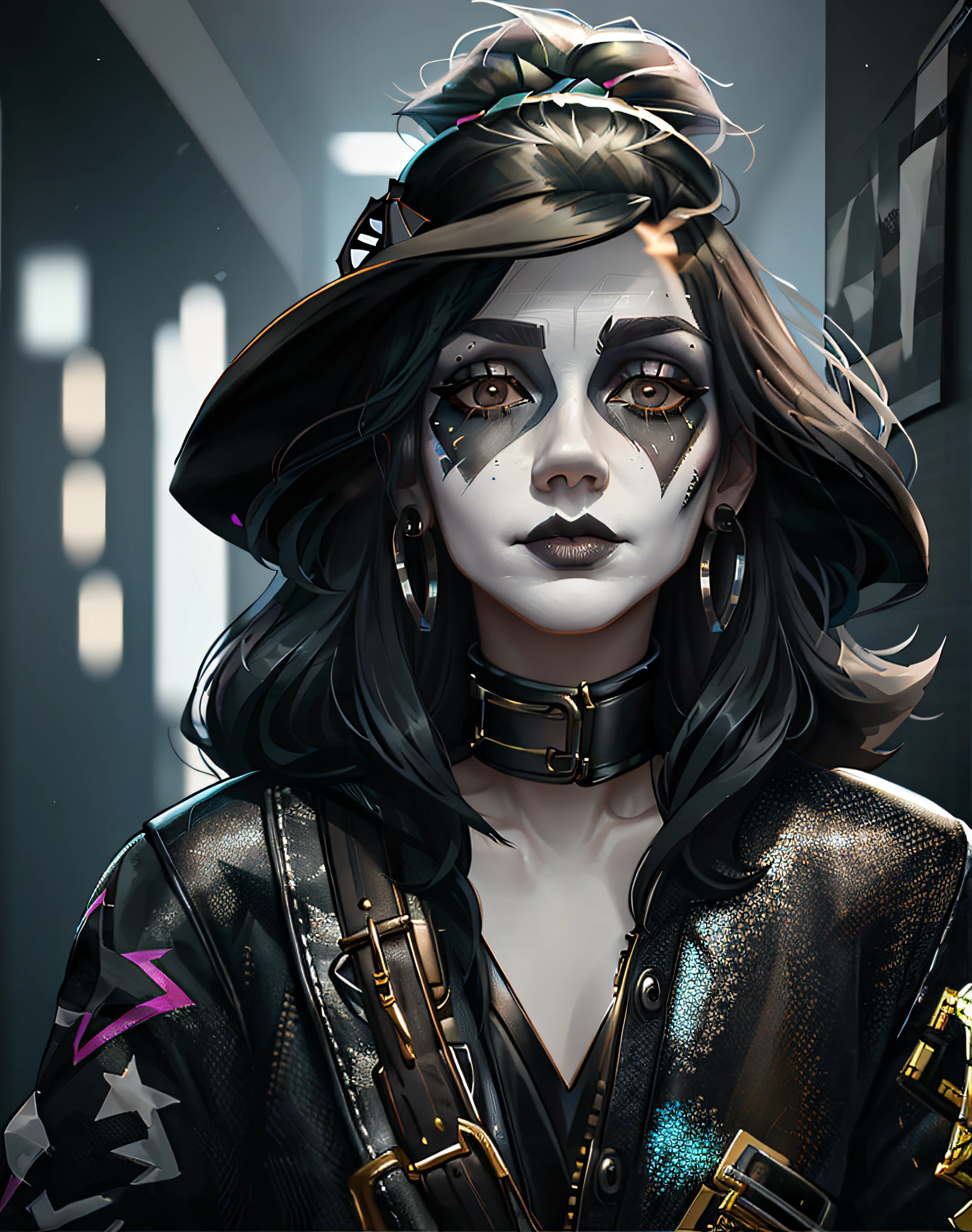4K, Masterpiece, high resolution, photorealistic, edg_makeup, woman with black and white paint on her face, edg_makeup on her face, rock star clothes, Rorkstar hair, cowboy shot, surreal, light on, shadows, excellent composition, (realistic: 0.8),