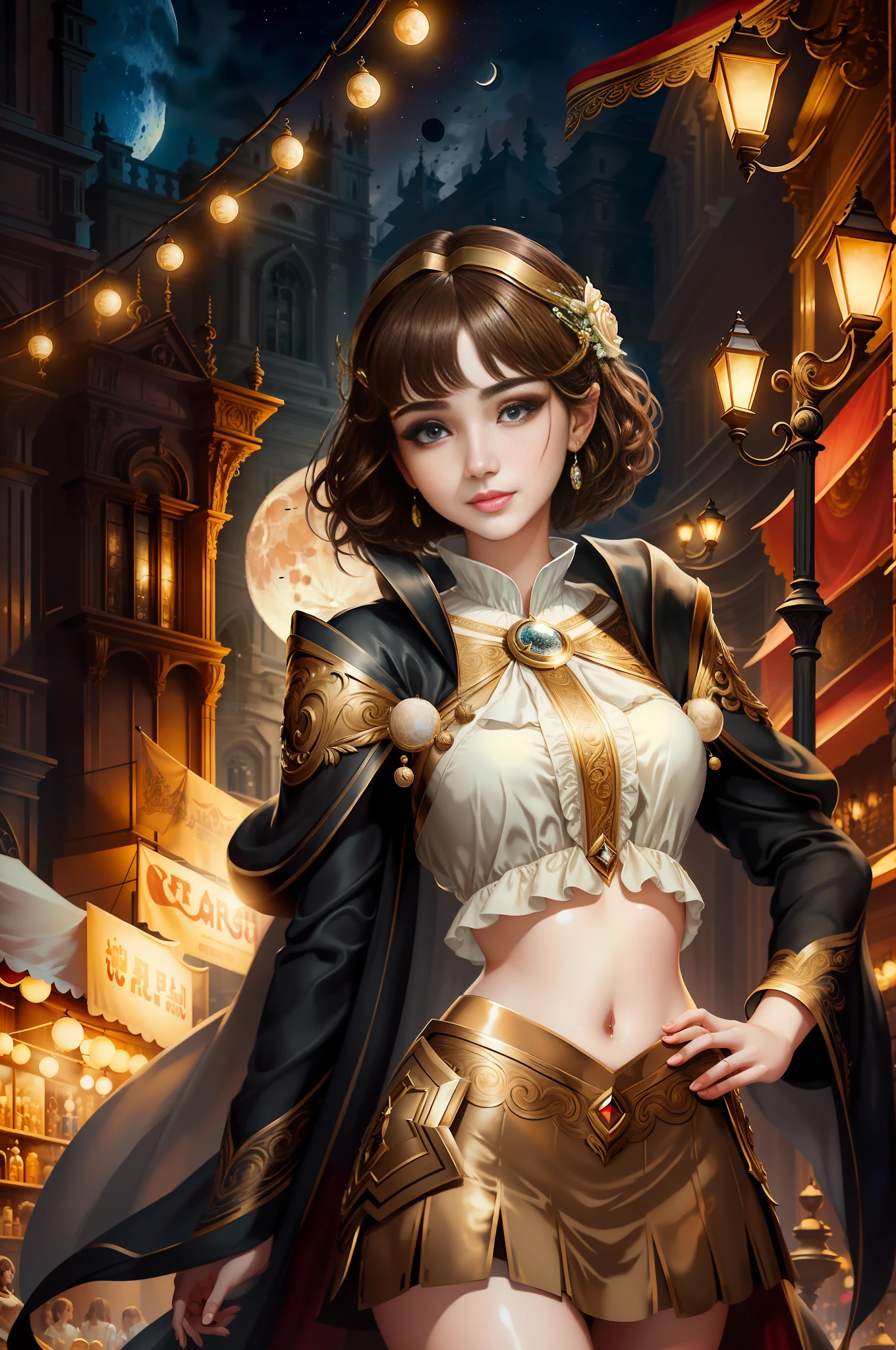 best quality, masterpiece, ultra resolution, (unreal engine: 1.4, realistic: 1.4), original photo, masterpiece, best quality, super detail, Illustrations, (bust shot, street, moon light), masterpiece, 1girl, solo exhibition, beautiful woman on bustling street, surrounded by vendors, beautiful goddess girl portrait, beautiful and detailed face, porcelain skin, ((bust lens, center, night, brunette hair, short hair)), super soft lighting, symmetry, complexity, elegance, high detail, realism , art, concept art, smile, fantasy costume, super fine costume,