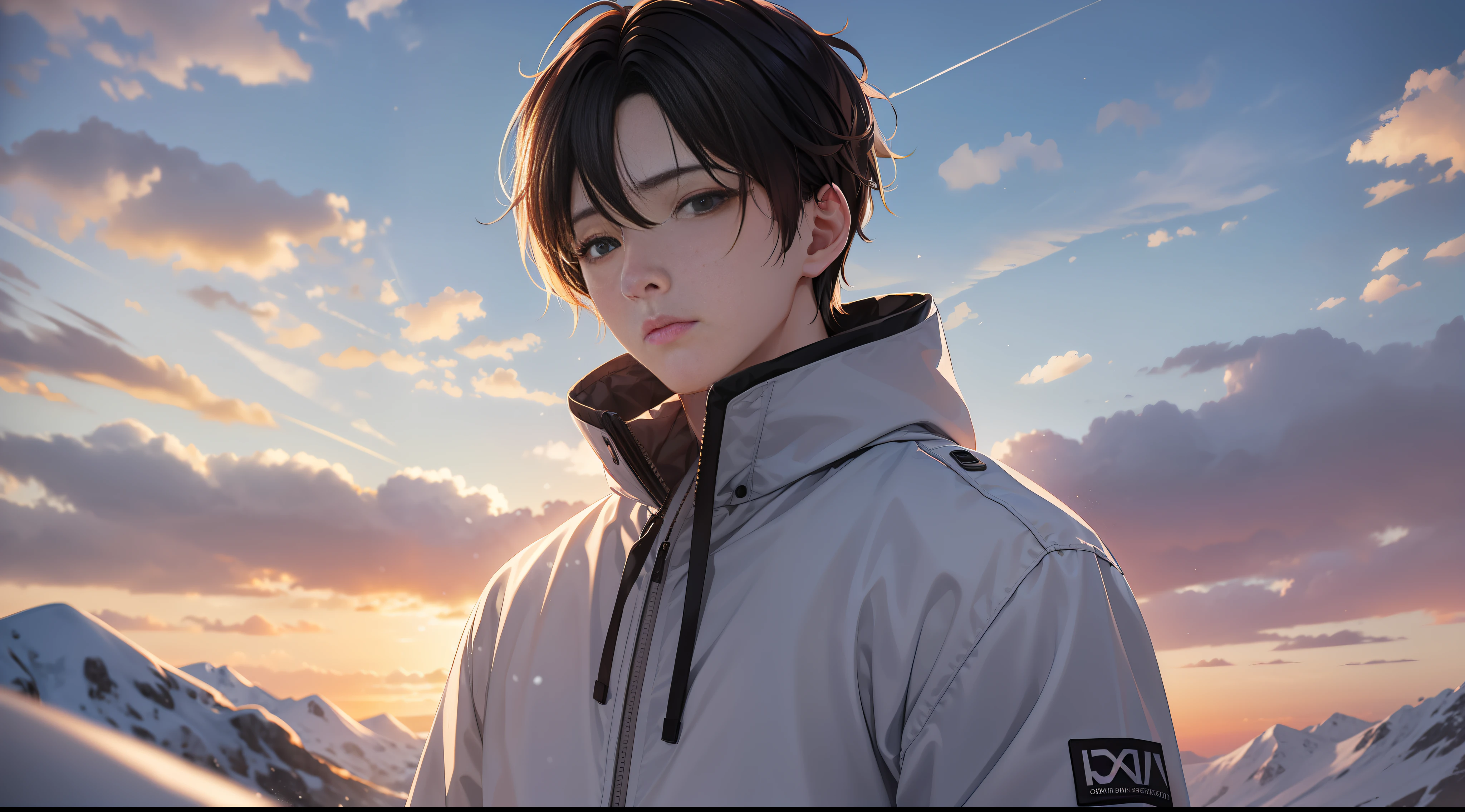A man in a sweatshirt, standing in the snow, sunset, front face, close-up, inspired by Cai Xukun, Shin Jinying, Cheng Yanjun, Ruan Jian, Bian Luan, Jia Ruian