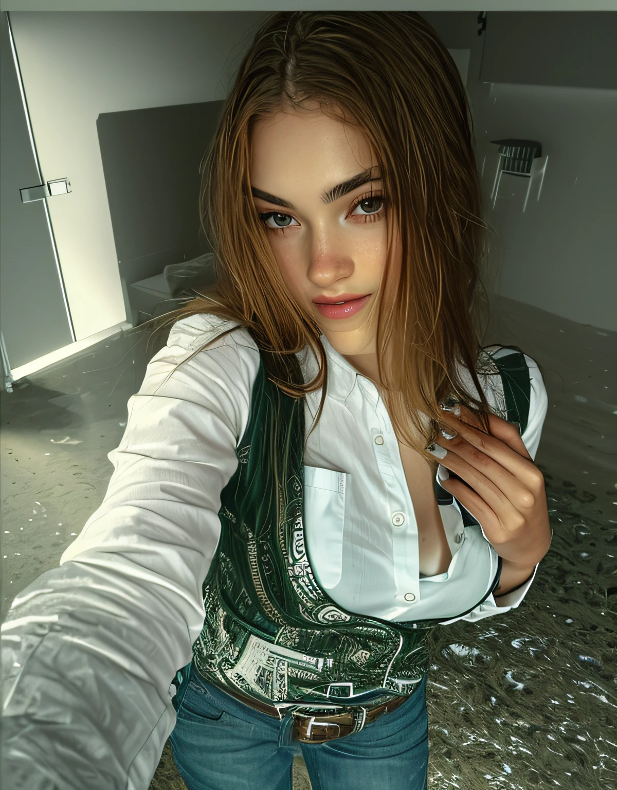 beautiful girl wearing a suit button shirt caught in the rain wet hair, (masterpiece:1.2) (illustration:1.1) (best quality:1.2) (detailed) (intricate) (8k) (HDR) (wallpaper) (cinematic lighting) (sharp focus)