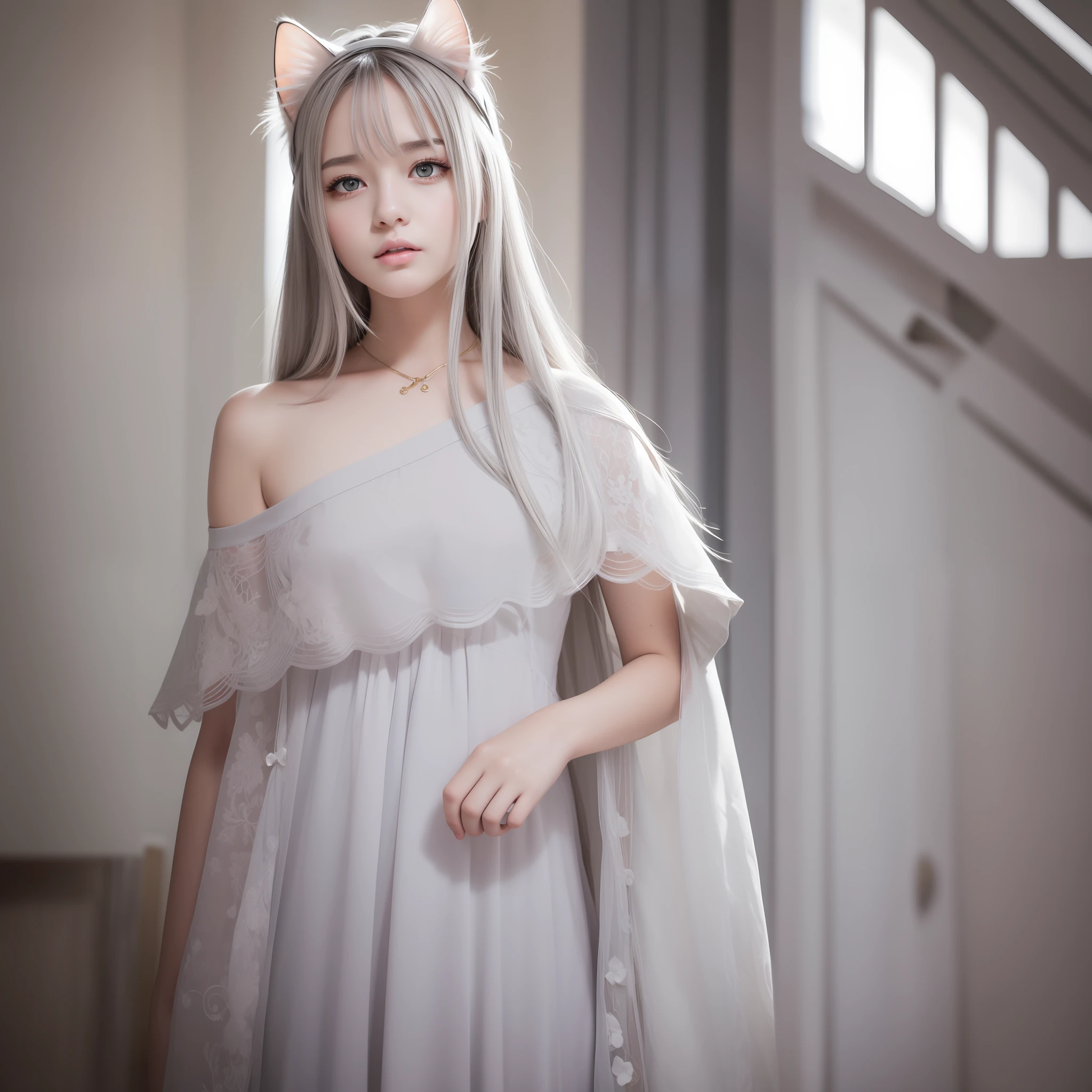 Top quality, masterpiece, gray hair, golden eyes, white clothes, looking up, upper body, cat ears, girl