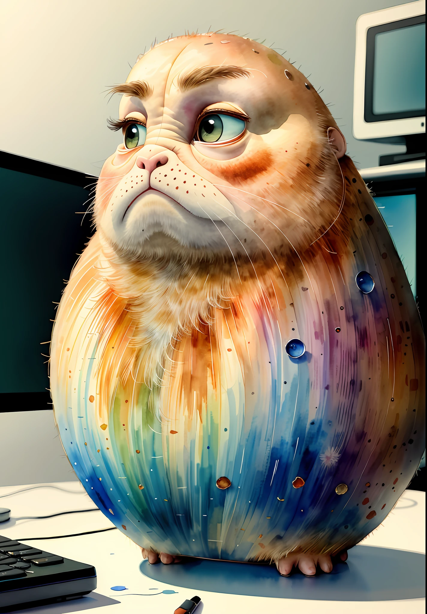 (extremely detailed 8k wallpaper),a full wide watercolor painting of a (Grumpy Potato staring at his computer ), Intricate, High Detail, dramatic