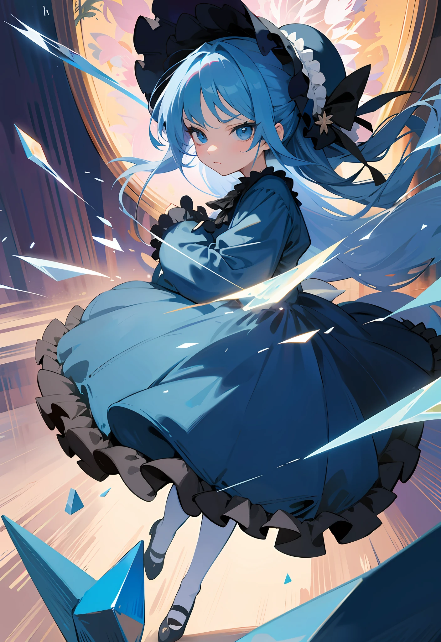 (masterpiece, best quality, illustration), 1 , face focus, long blue hair, half updo, expressionless face, glaring, long navy blue Lolita styless, bonnet hat, full body, fighting motion pose, crystal flower on bonnet, loli