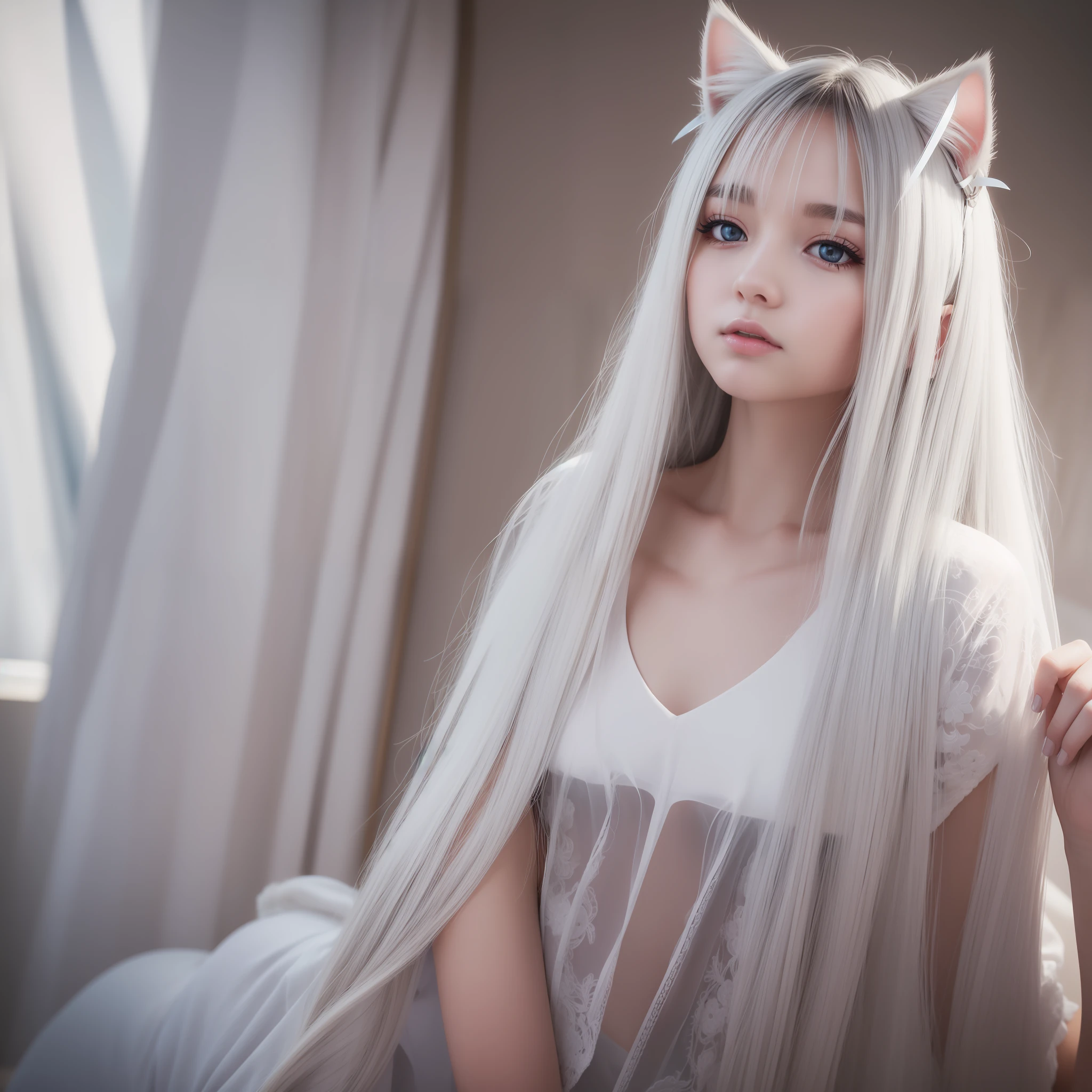 Top quality, masterpiece, gray hair, golden eyes, white clothes, looking up, upper body, cat ears, girl