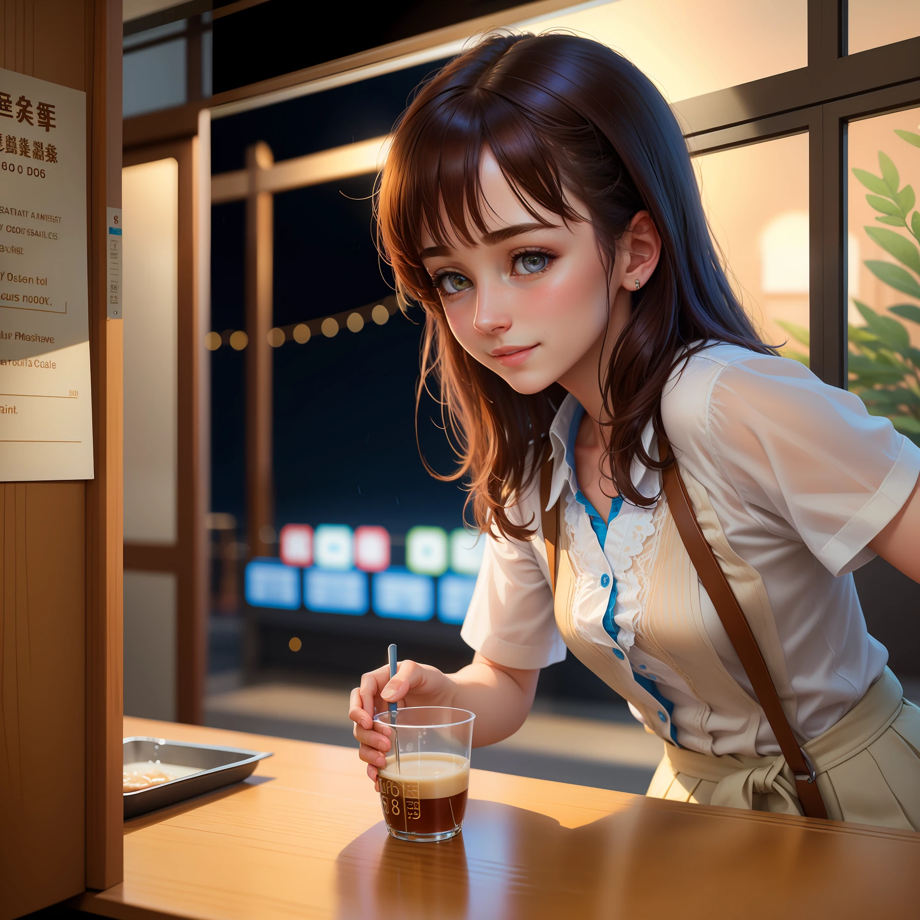 (8k, best quality, masterpiece:1.2), (realistic, photo-realistic:1.37), ultra-detailed, 1 girl, cute, solo, beautiful detailed sky, detailed cafe, night, sitting, dating, (nose blush), (smile:1.15), (closed mouth) small breasts, beautiful detailed eyes, (collared shirt:1.1), night, wet, business attire, rain, white lace, (short hair:1.2), floating hair NovaFrogStyle, topless,
