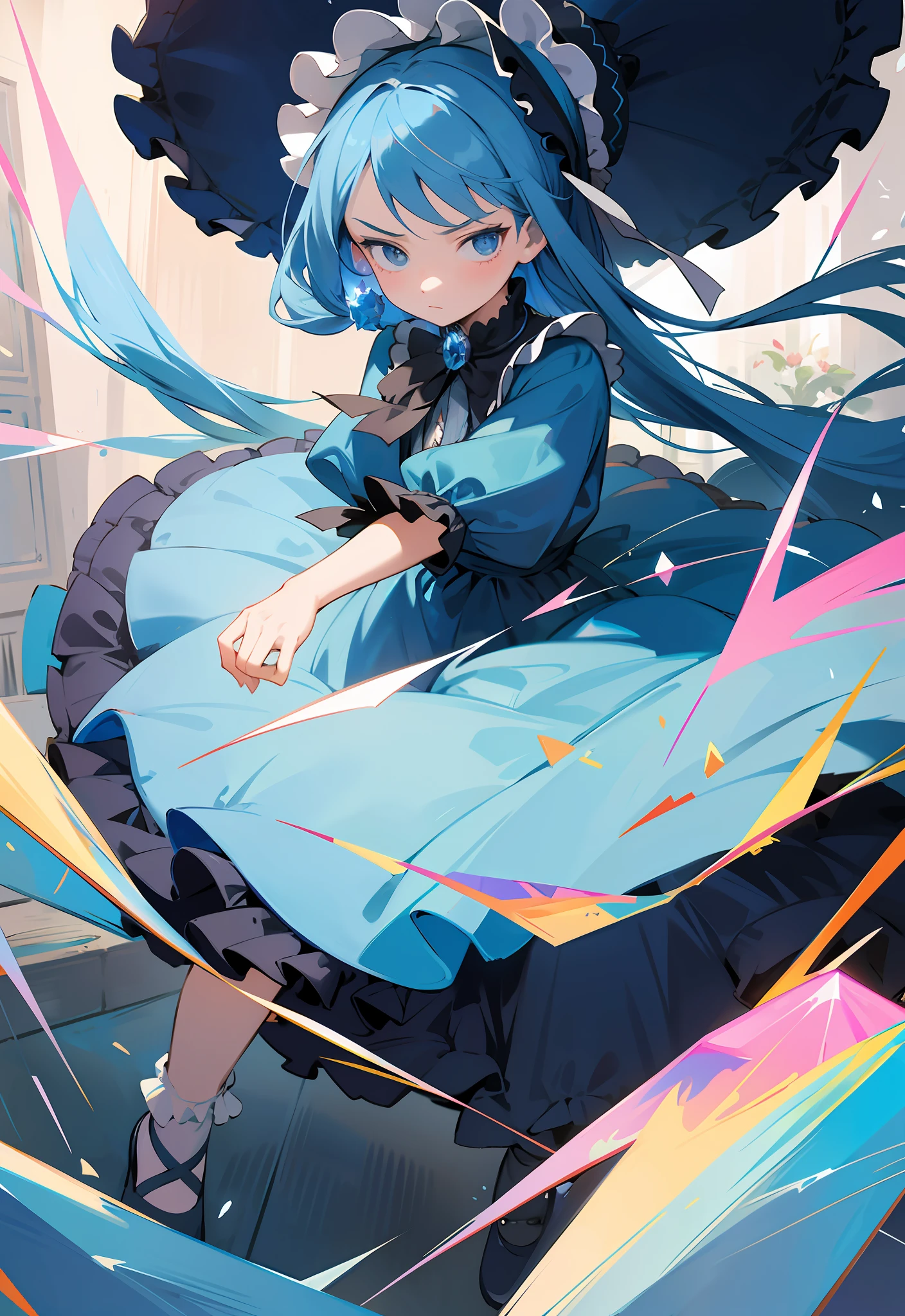 (masterpiece, best quality, illustration), 1 , face focus, long blue hair, half updo, expressionless face, glaring, long navy blue Lolita style dress, bonnet hat, full body, fighting motion pose, crystal flower on bonnet, loli