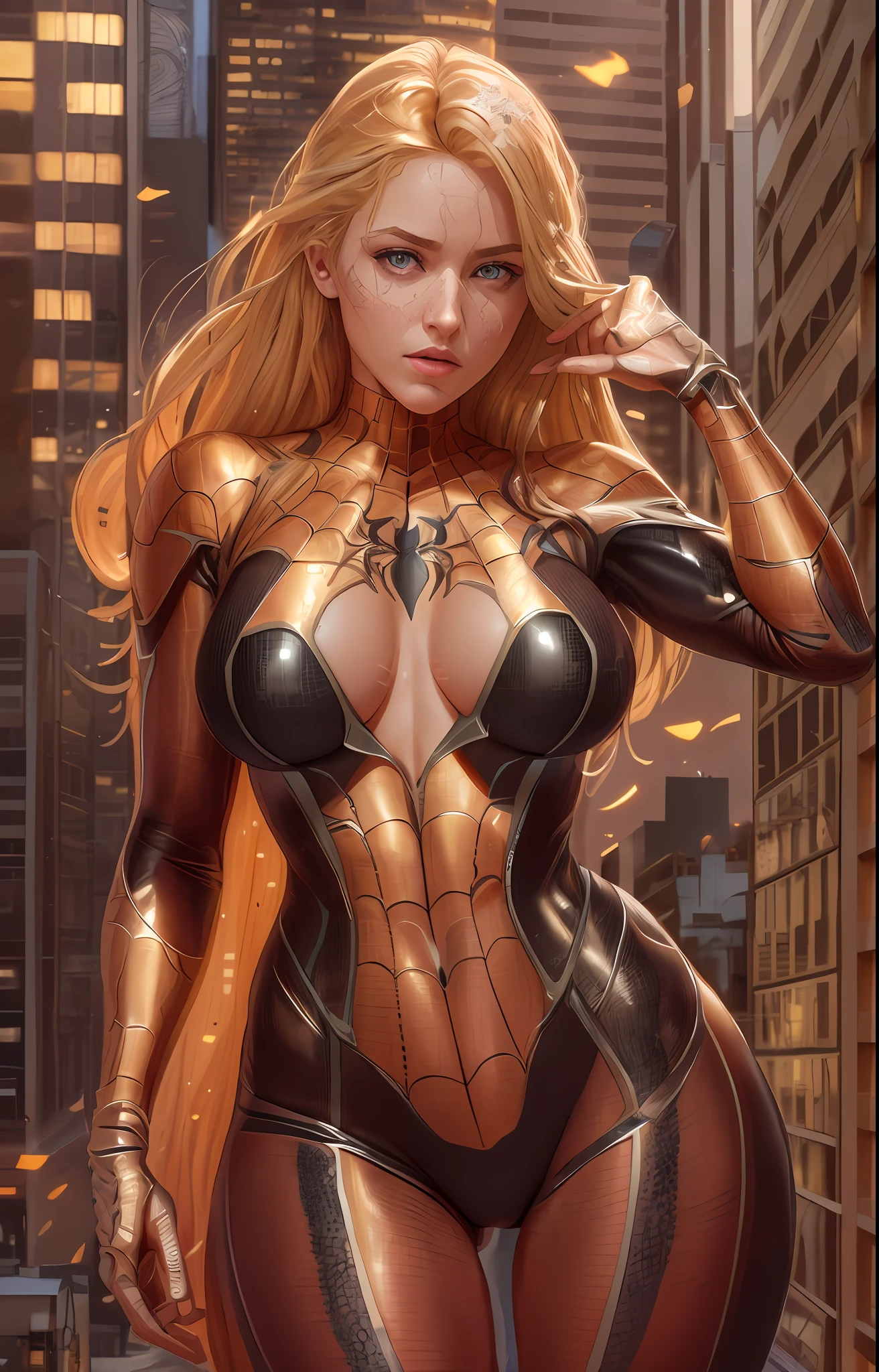 Long curly blonde hair, proportional, (realistic: 1.5), photorealistic, hyper realistic, (extremely detailed eyes), hyper detailed, soft lighting, (detailed background), background with extreme detail, sharp details, ((full body)), female spider-man torn open front of the costume to reveal the breasts, flushed face, hanging on the side of the building