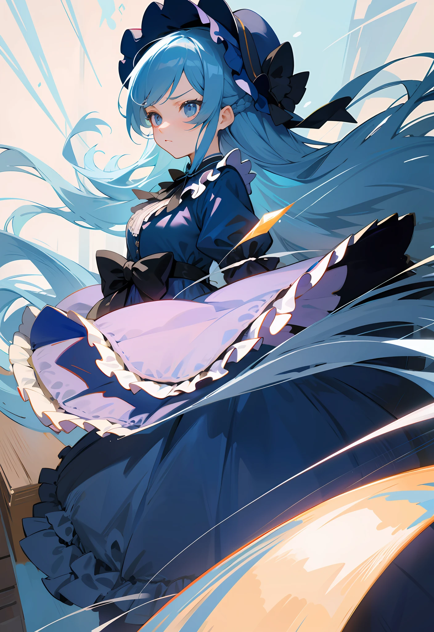 (masterpiece, best quality, illustration), 1 , face focus, long blue hair, half updo, expressionless face, glaring, long navy blue Lolita styless, bonnet hat, full body, fighting motion pose, crystal flower on bonnet, loli