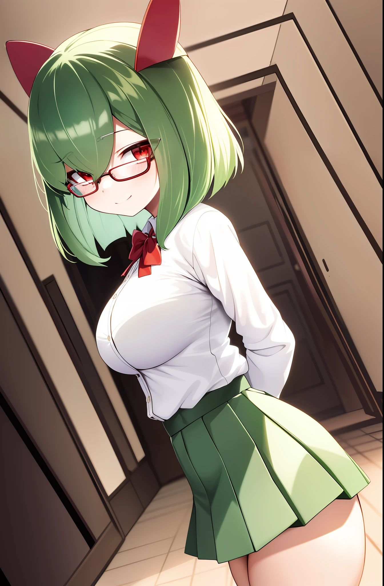 masterpiece, best quality, 1 girl, solo, kirlia, green hair, red eyes, white skin colo paper, short hair, Japanese schoolgirl uniform, glued to the body, wide neckline, tight. In the halls of a school, big bust, big breasts, big breasts, checkered green skirt, skirt raised, showing underwear, tight red panties, seen from the ground. Detailed eyes, sorrowful look, smile, blush. Black frame lenses, thick frame square lenses. (((Porcelain skin)))