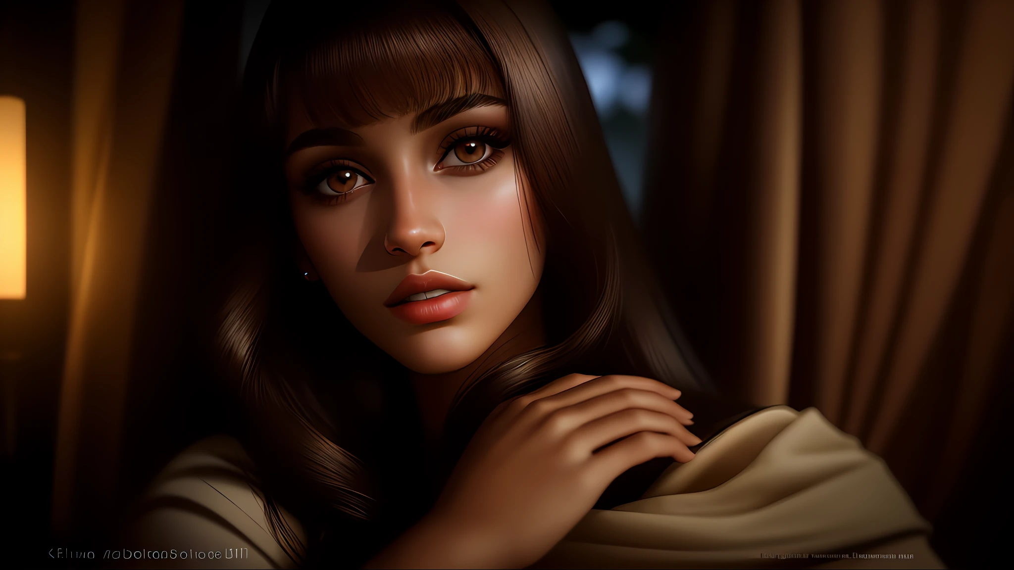 Brazilian brunette woman with dark eyes, light beige skin, best quality, masterpiece, ultra high resolution, (photorealistic: 1.4), raw photo, offshoulder, in the dark, deep shadow, low key, cold light