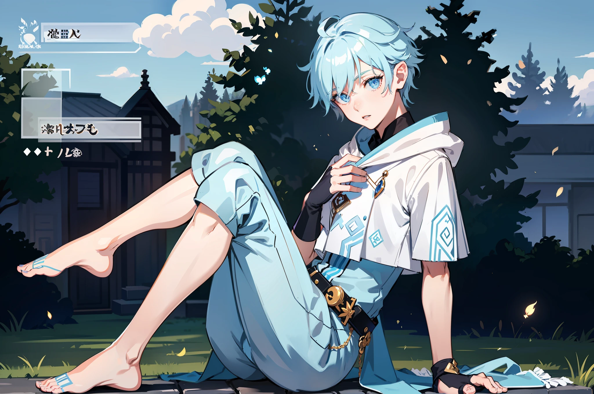 1 boy, -yeld yo man, tall, light blue hair, pale skin, light blue eyes, ears like elves, glowing white tattoos all over, royal white and light blue clothes, sitting on a cloud, looking at the earth on his shoulders, sky in the background, detailed face, detailed hands, detailed legs, detailed fingers, detailed hair, detailed eyes, detailed skin, dynamic lighting, 8K UHD, (super realistic), (photo realistic), (masterpiece), (best quality), (male focus: 1.5) (NSFW: 1.2), correct limbs, femboy