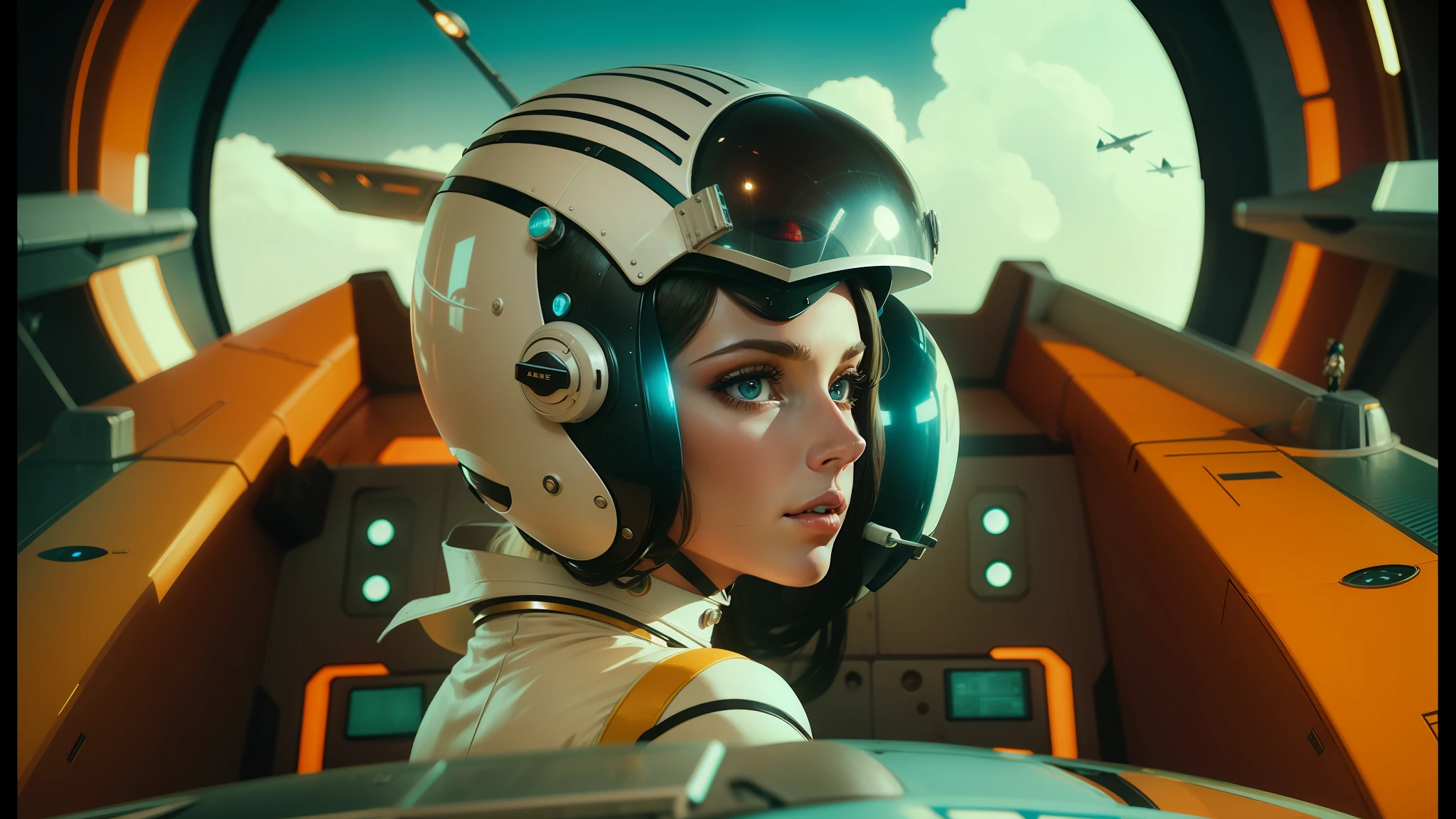 arafed woman in a futuristic helmet in a spaceship cockpit, style of wes anderson, trending on interfacelift, 60s style, inspired by Jodorowsky, kylie minogue as barbarella, circa 1970, pilot girl, trending on artstaion