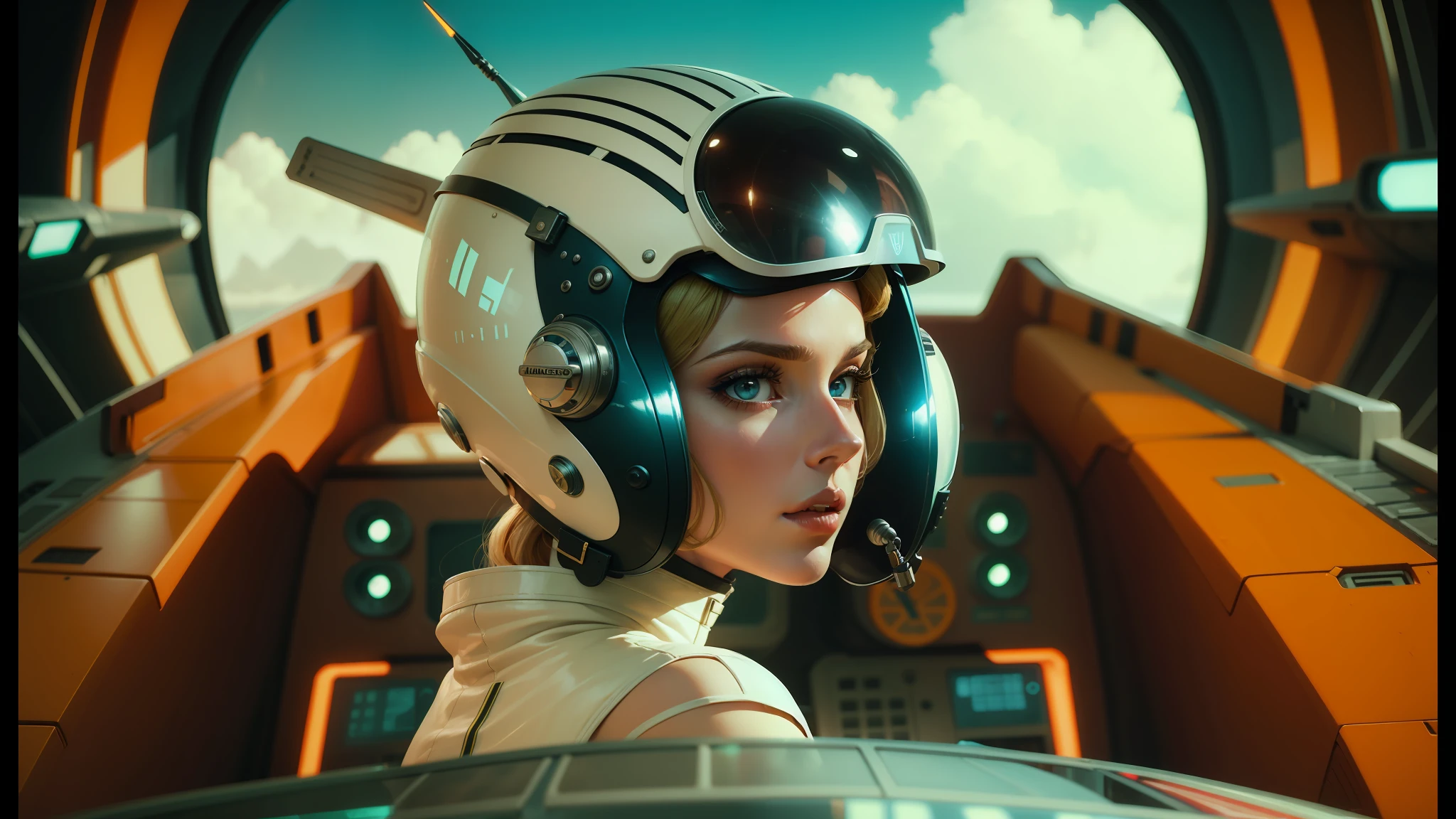 arafed woman in a futuristic helmet in a spaceship cockpit, style of wes anderson, trending on interfacelift, 60s style, inspired by Jodorowsky, kylie minogue as barbarella, circa 1970, pilot girl, trending on artstaion