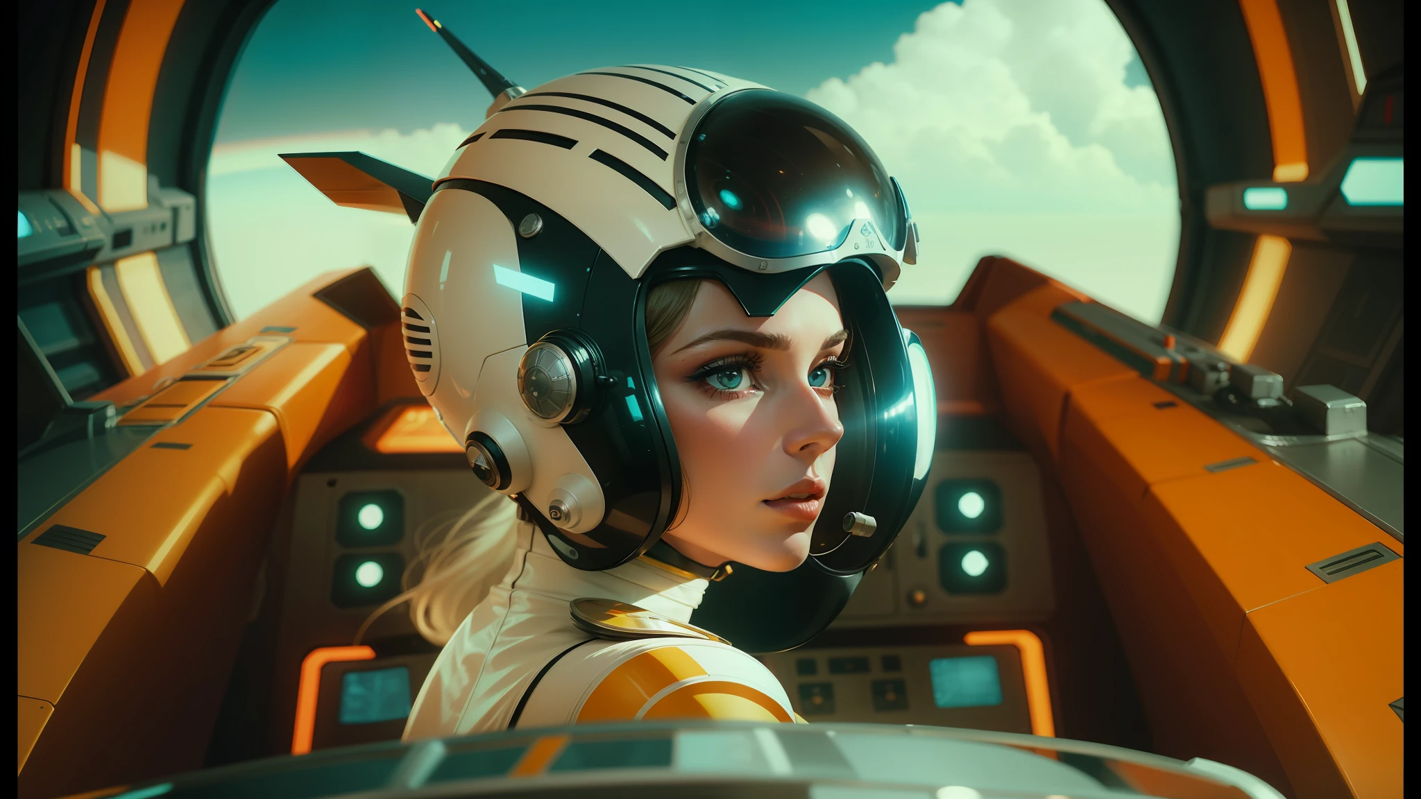 arafed woman in a futuristic helmet in a spaceship cockpit, style of wes anderson, trending on interfacelift, 60s style, inspired by Jodorowsky, kylie minogue as barbarella, circa 1970, pilot girl, trending on artstaion