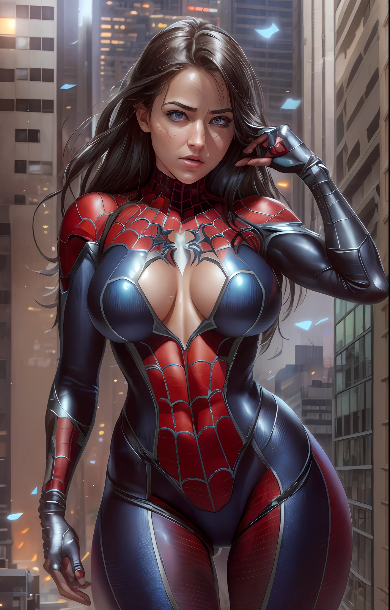 proportional eyes, (realistic:1.5),photorealistic, hyper realistic, (extremely detailed eyes), hyper detailed, soft lighting, (detailed background), extreme detail background, sharp details, ((full body)), female spider-man ripped open front of costume to reveal breasts, flushed face, hanging from side of building