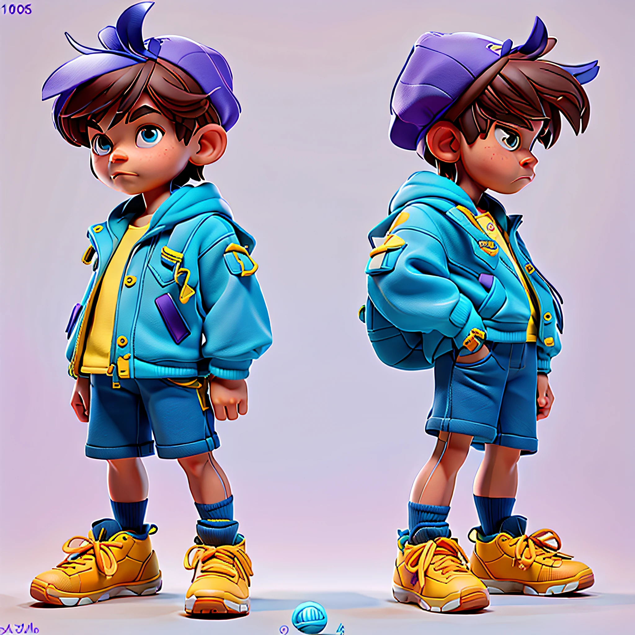 Alafod image of a boy in jacket and shorts with backpack, yellow top, blue pants, purple shoes, purple hat, children's art in art station, character sculpting, character modeling, concept art character modeling, stylized characters, stylized character design, 3d rendering stylization, polygon trend, character model, small character. Unreal Engine 5, very stylized character design, rendered by Arnold Maya