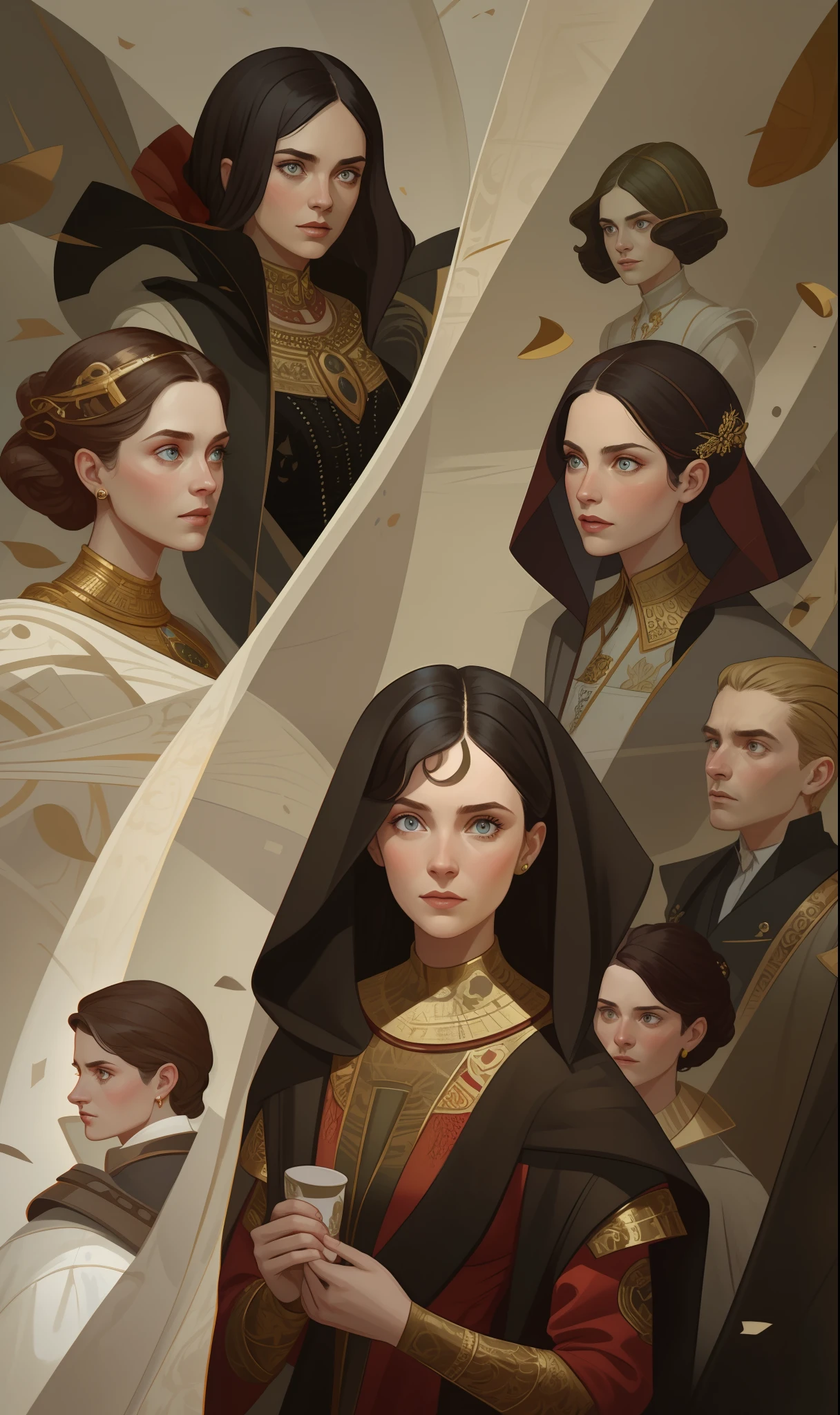 masterpiece, best quality, hyper detailed gouache portrait of a gorgeous woman speaking with other people, group conversation, character art portrait, detailed character portrait, epic scene illustration, graphic novel scene, dramatic tense scene