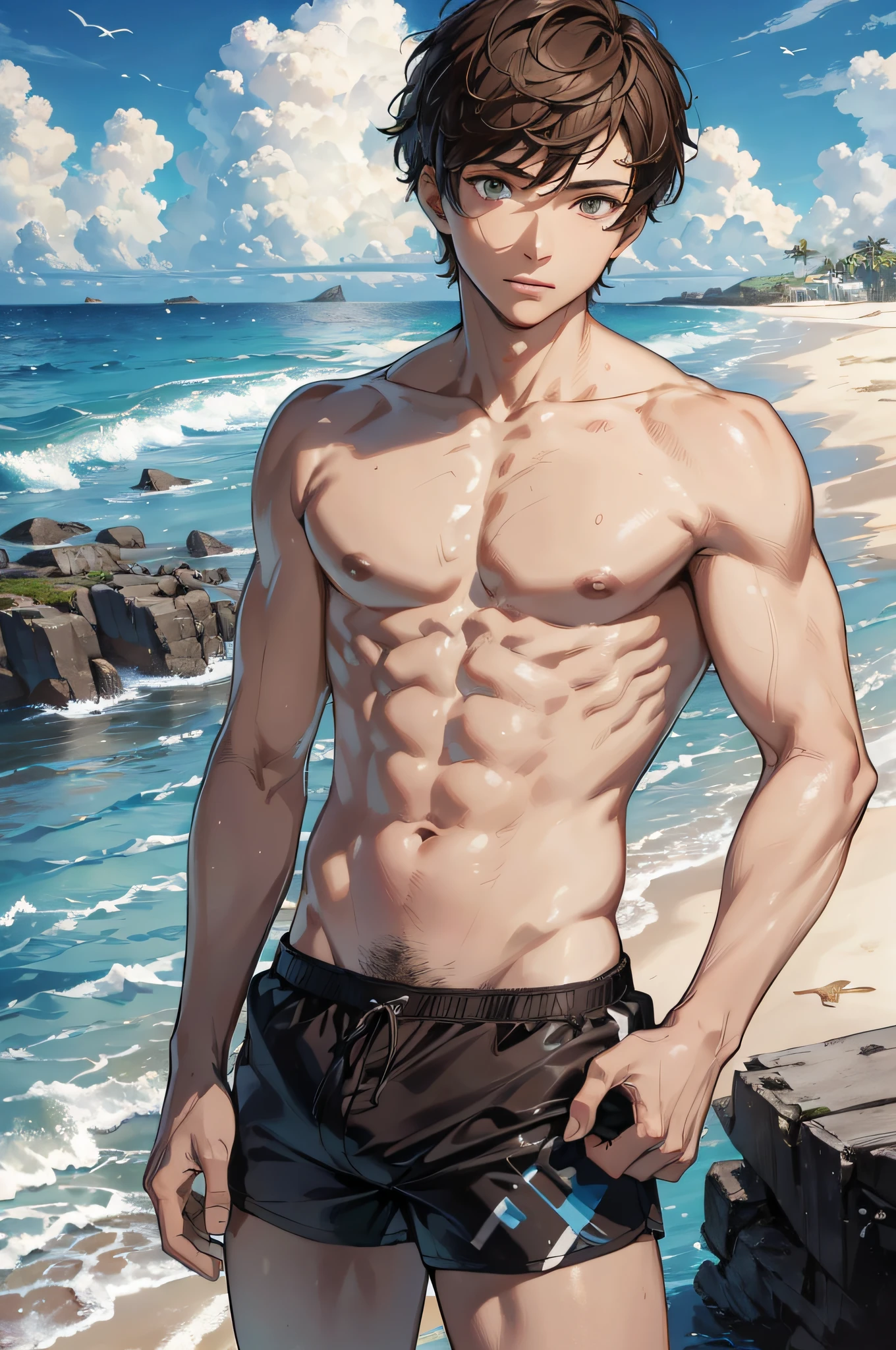 (absurdres, highres, ultra detailed), masterpiece, best quality, a boy topless, short hair, brown hair, finely eye and detailed face, beach, swim trunks, sunny sky and cloud,