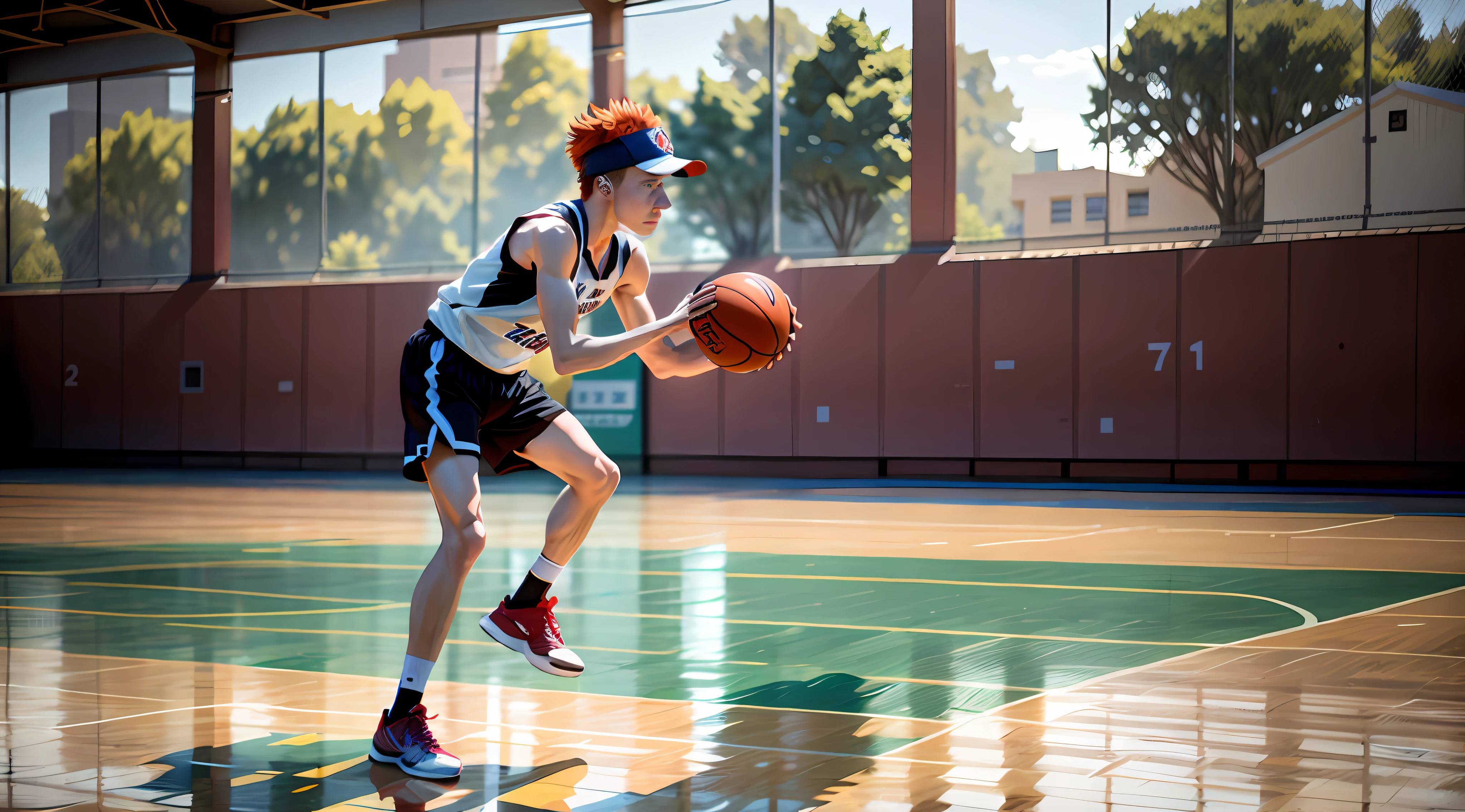 A college student shooting alone on the basketball court, multicolored hair, tokin hat, Surrealism, cinematic lighting, Surrealism, motion lines, stereogram, UHD