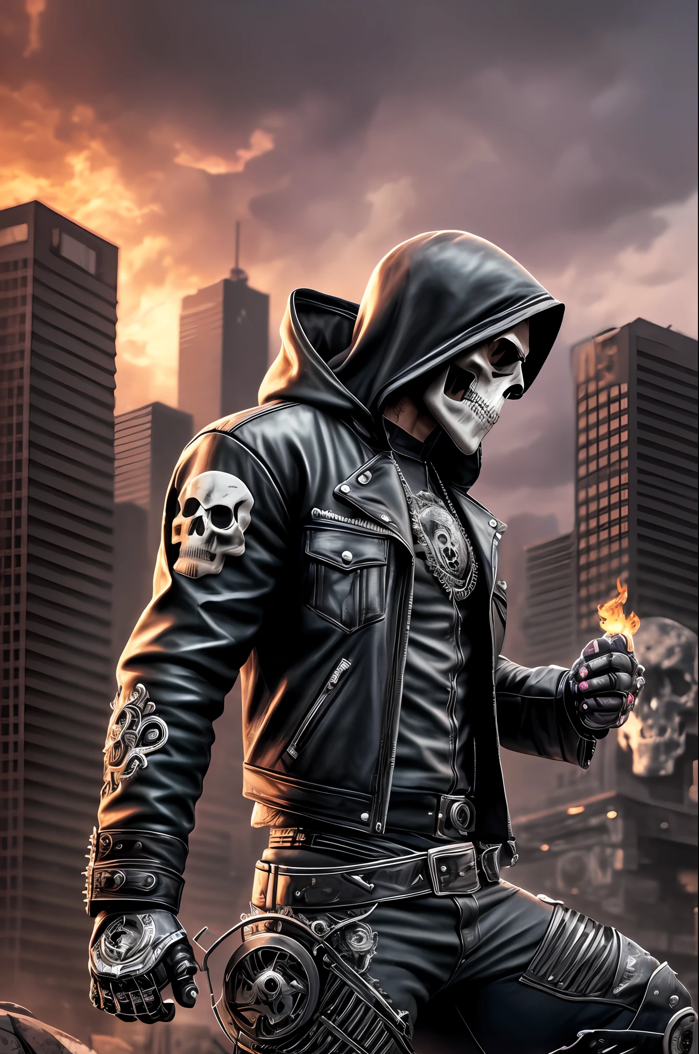 (extremely detailed 8k wallpaper), a full length photo showing her full profile of a man in a not too muscular motorcycle jacket, high detail, dramatic, with flamejanye skull head and ghost biker style on, hooded shirt with bruised face on the left side showing the robotic part with an end of the world style environment --auto --s2