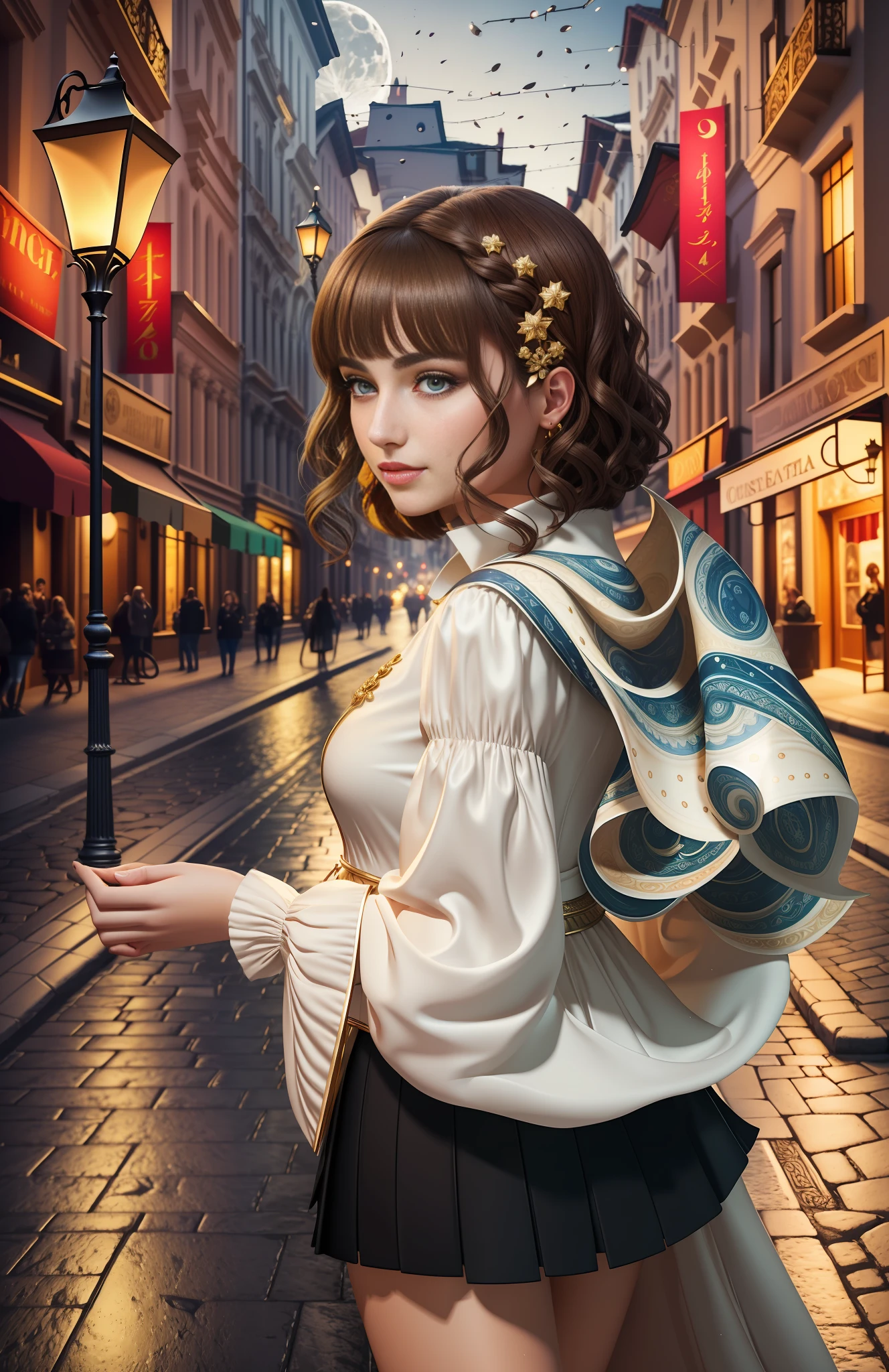 best quality, masterpiece, ultra resolution, (unreal engine: 1.4, realistic: 1.4), original photo, masterpiece, best quality, super detail, Illustrations, (bust shot, street, moon light), masterpiece, 1girl, solo exhibition, beautiful woman on bustling street, surrounded by vendors, beautiful goddess girl portrait, beautiful and detailed face, porcelain skin, ((bust lens, center, night, brunette hair, short hair)), super soft lighting, symmetry, complexity, elegance, high detail, realism , art, concept art, smile, fantasy costume, super fine costume,