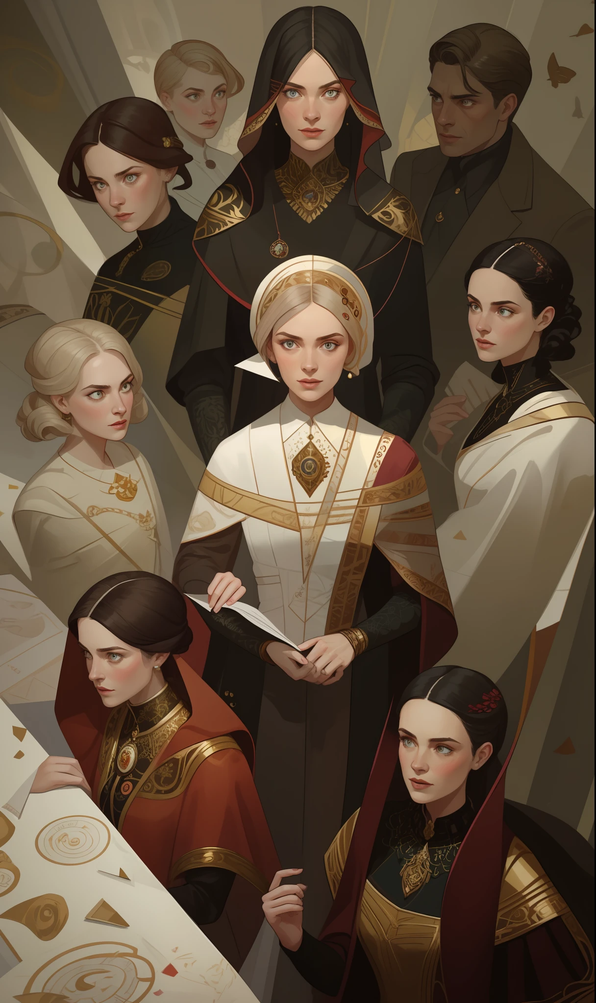 masterpiece, best quality, hyper detailed gouache portrait of a gorgeous woman speaking with other people, group conversation, character art portrait, detailed character portrait, epic scene illustration, graphic novel scene, dramatic tense scene