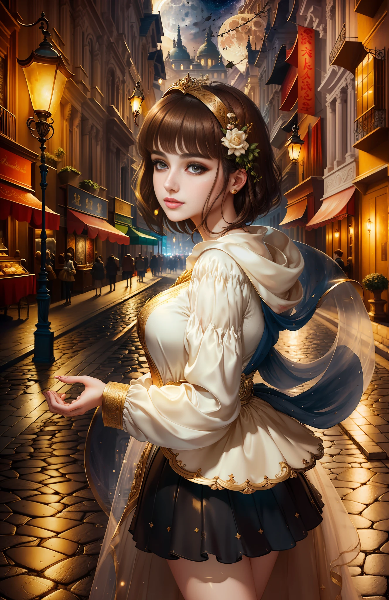 best quality, masterpiece, ultra resolution, (unreal engine: 1.4, realistic: 1.4), original photo, masterpiece, best quality, super detail, Illustrations, (bust shot, street, moon light), masterpiece, 1girl, solo exhibition, beautiful woman on bustling street, surrounded by vendors, beautiful goddess girl portrait, beautiful and detailed face, porcelain skin, ((bust lens, center, night, brunette hair, short hair)), super soft lighting, symmetry, complexity, elegance, high detail, realism , art, concept art, smile, fantasy costume, super fine costume,