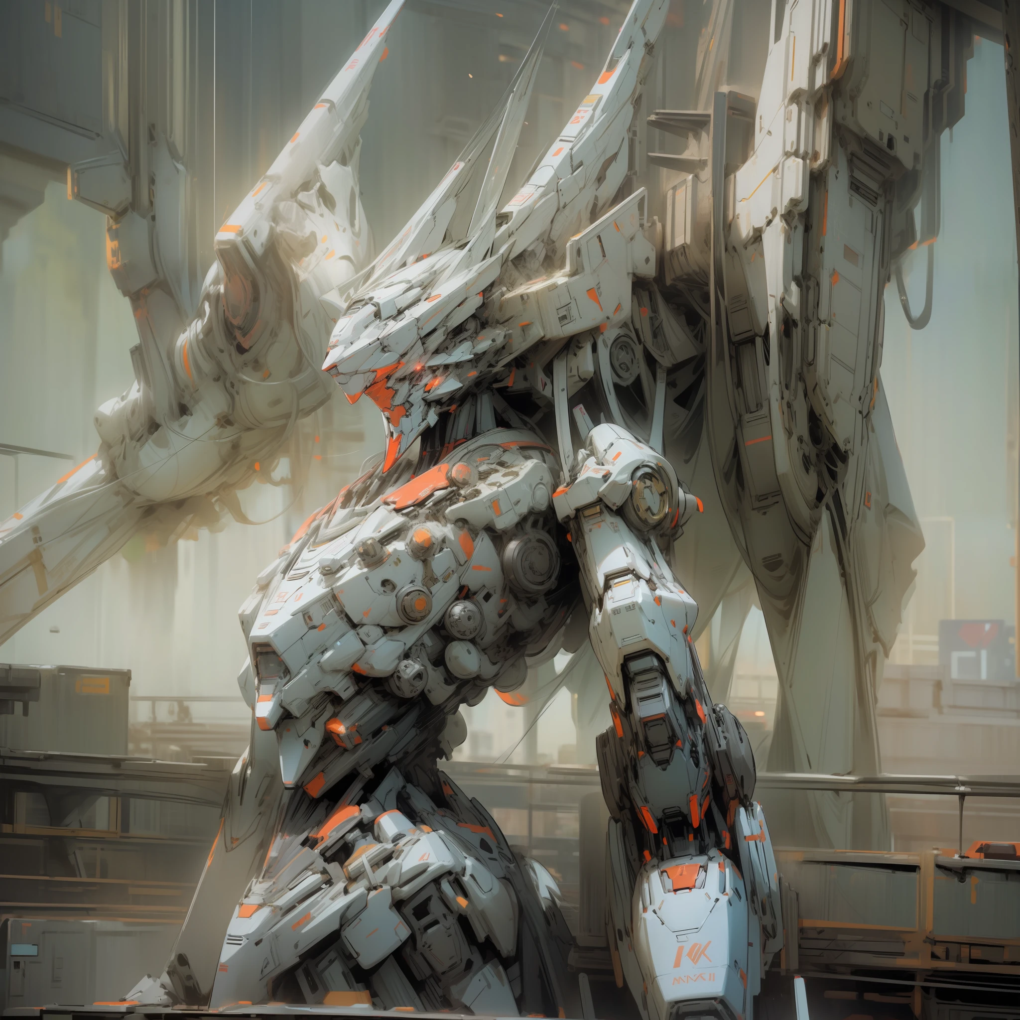 ((((Cinematic CGI))), Best Quality, 8k, Huge White Gundam Mech, Red and Black Embellishments, Neon Light Effect, City as Background, Rich Detail, Sunny Day, Concept Art.