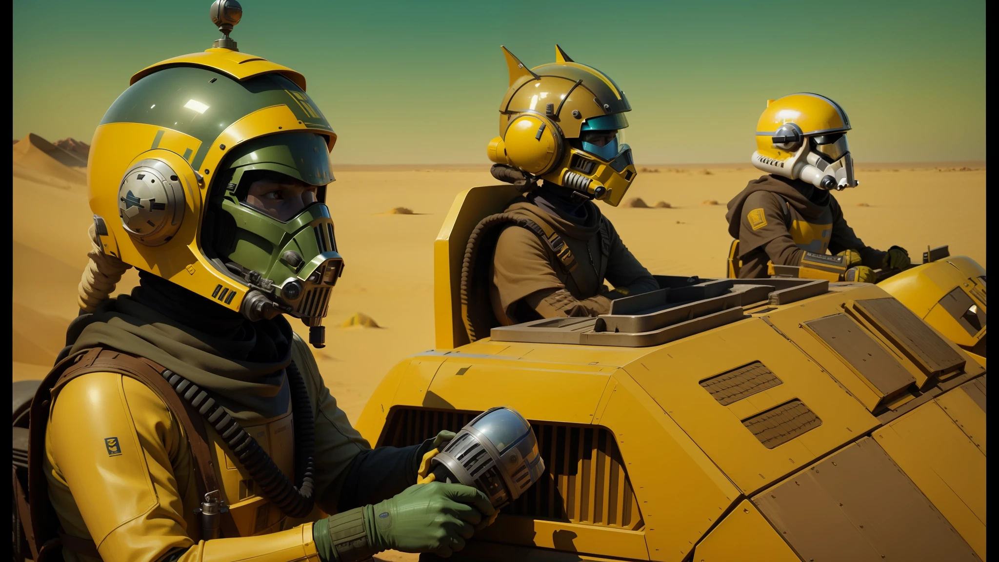 a close up of a person in a helmet and some other people, still from star wars, yellow scheme, by Wes Anderson, somewhere in sands of the desert, desktopography, as atlantean reptilian warriors, developers, avatar ( 2 0 0 9 ), supporting characters, 2070, jcb, fantastic artstyle, the mekaverse