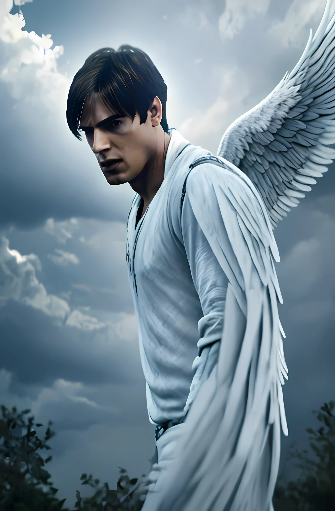 8k, best quality, masterpiece:1.2), gabriel, male british male angel with dark hair, evil, dark look, white wings, , angel, bright bright light in background, details, white linen clothes, sky theme