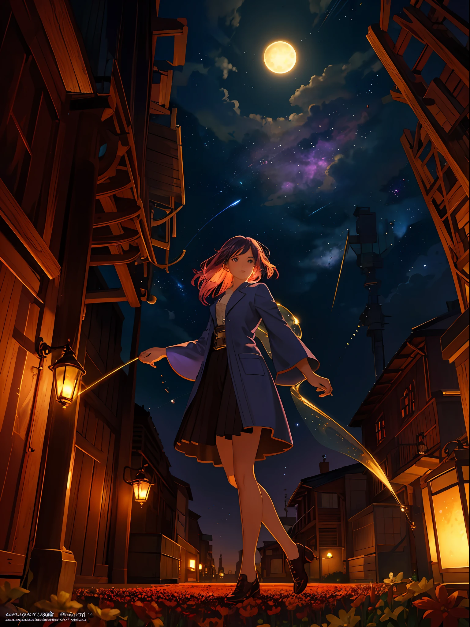 expansive landscape photograph , (a view from below that shows sky above and open field below), a girl standing on flower field looking up, (full moon:1.2), ( shooting stars:0.9), (nebula:1.3), distant mountain, tree BREAK
production art, (warm light source:1.2), (Firefly:1.2), lamp, lot of purple and orange, intricate details, volumetric lighting, realism BREAK
(masterpiece:1.2), (best quality), 4k, ultra-detailed, (dynamic composition:1.4), highly detailed, colorful details,( iridescent colors:1.2), (glowing lighting, atmospheric lighting), dreamy, magical, (solo:1.2)