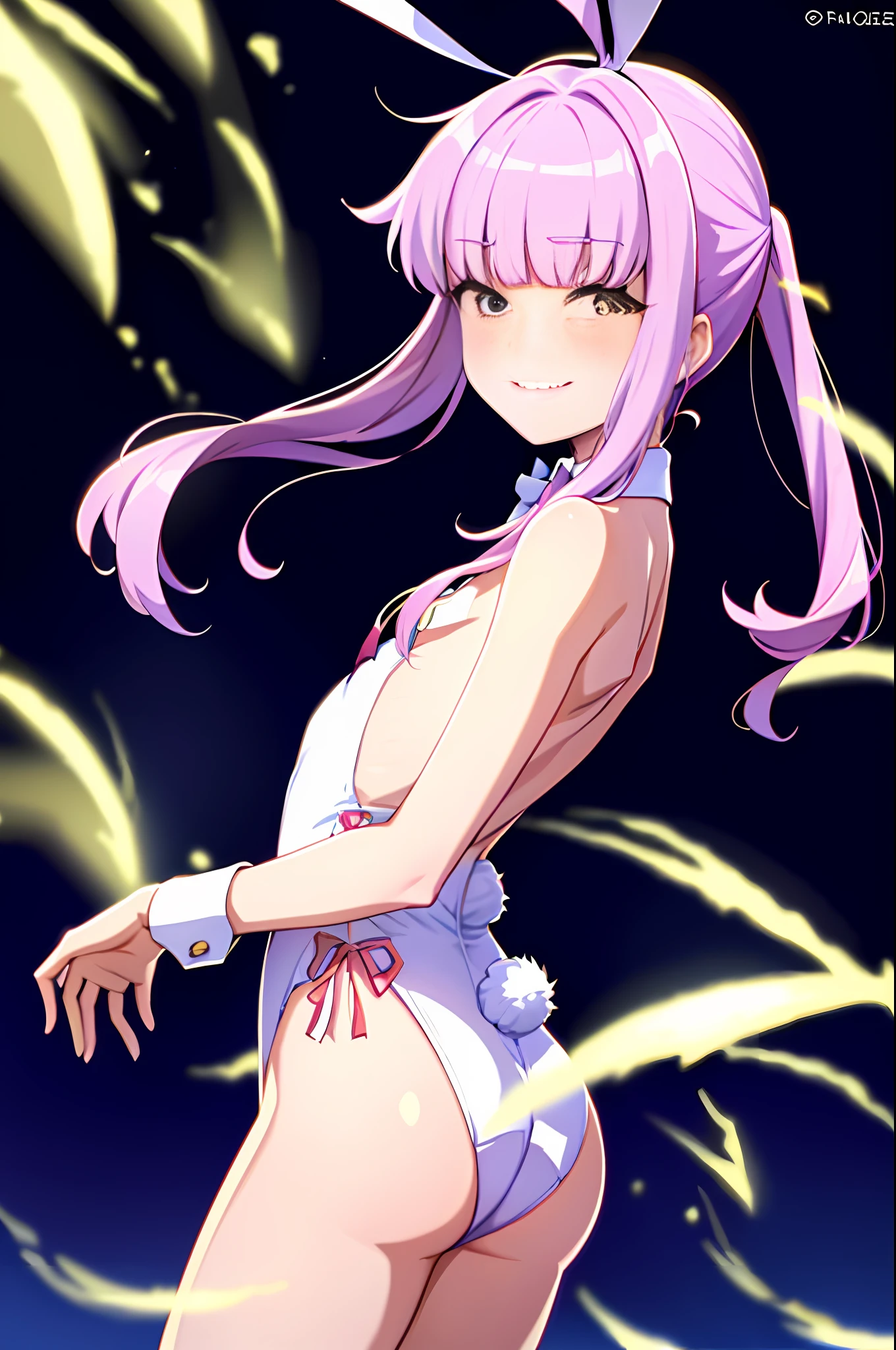 Kaya Shiranui, One Girl, Solo, Watching the audience, Smile, Bangs, Simple Background,Green Eyes, Close One Eye,(flat chest:1.2), Pink Hair, Ahoge, (_bunny:1.5),rabbit_ears,Cowboy Shot,腕を上げる,close mouth,