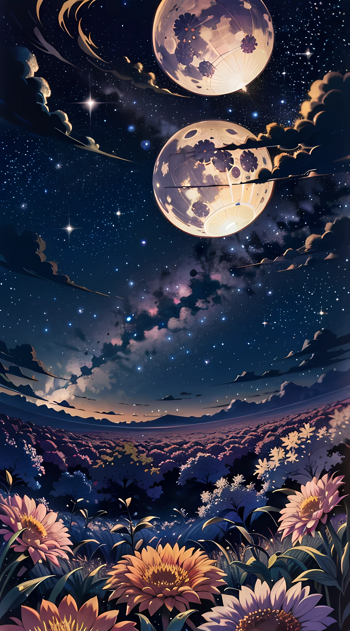 ((A illustration of a very vast fantastic starry sky and mysterious landscape)), masterpiece, BREAK , best quality, ultra detailed, hyper realistic, 16k, high resolution, BREAK , Design an image with a fisheye lens effect, capturing a wide field of view with a distinctive, curved perspective. BREAK , (dutch angle:1.2), BREAK , (Dynamic Composition:1.3), (Viewed from below:1.4), (Wide shot from back:1.4), (zoomed out:1.2), BREAK , (A woman with medium straight hair is sitting in a field of flowers with her dog Cavalier King Charles Spaniel and looking up at the sky:1.5). BREAK , Midnight starry sky, (Yellow full moon:1.3), (Meteor shower:1.3), (Cloud:1.2), Distant mountains, Trees, Fireflies, BREAK , Colorful vibrant starry sky, Dark blue tone, moonlight, Beautiful dark purple dark blue dark orange dark yellow lighting, Glow Lighting, Atmospheric Lighting, Cinematic lighting, Sparkle, Glowing light, Award-winning, Concept art,