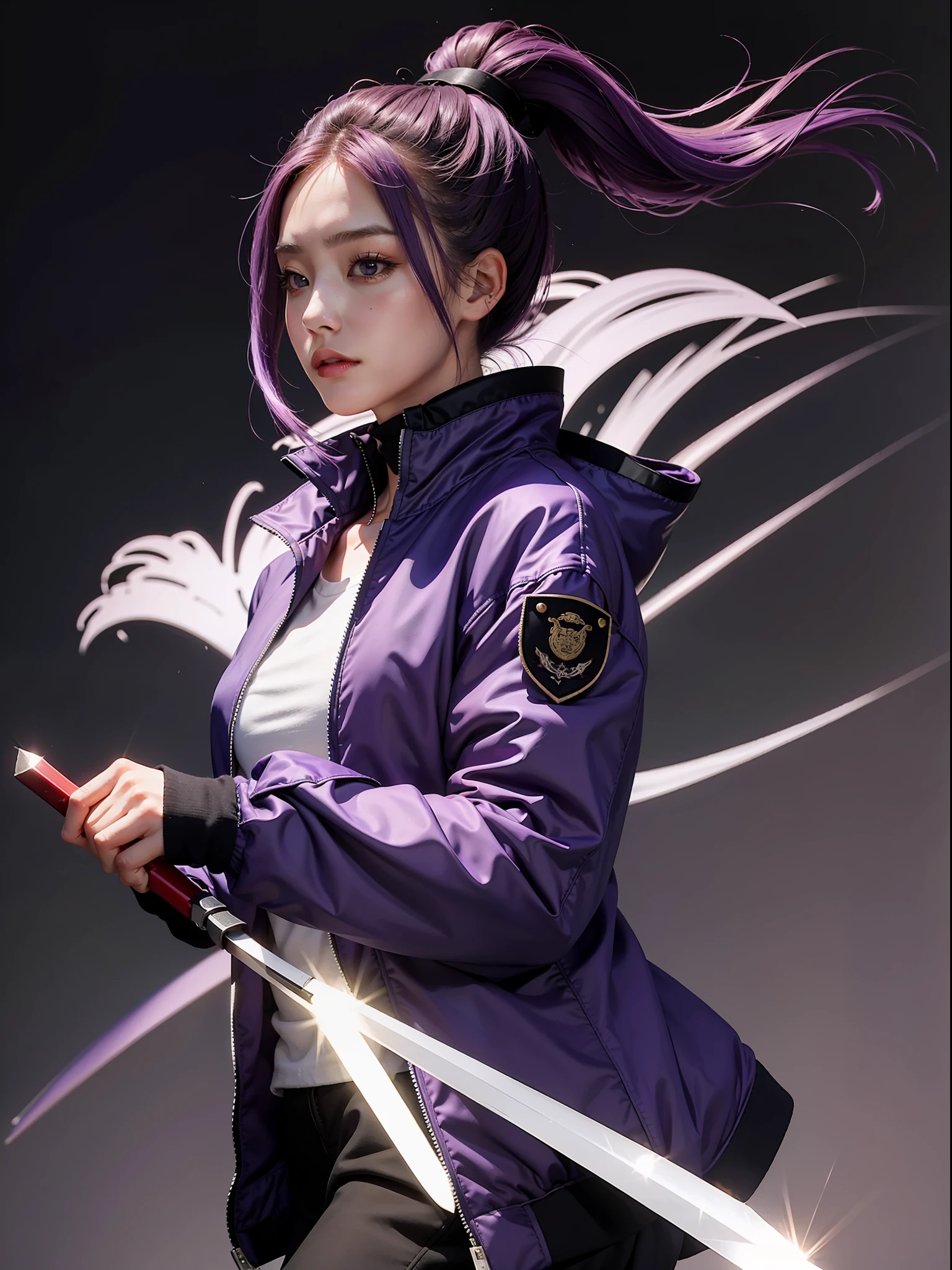 Purple hair, Chinese style, high ponytail, single ponytail, long jacket, long knife, fleece collar jacket, purple eyes, two-dimensional, comic style