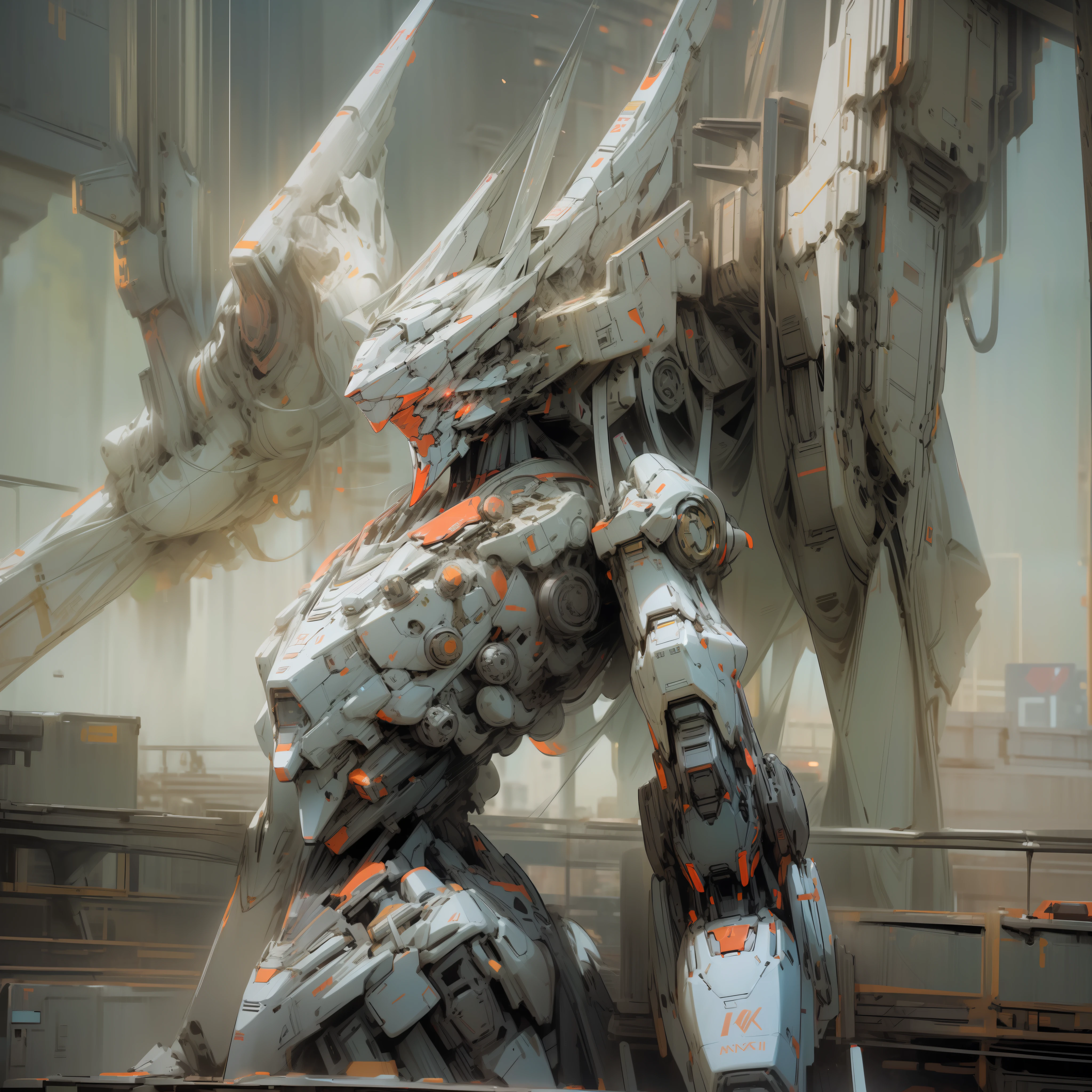 ((((Cinematic CGI))), Best Quality, 8k, Huge White Gundam Mech, Red and Black Embellishments, Neon Light Effect, City as Background, Rich Detail, Sunny Day, Concept Art.