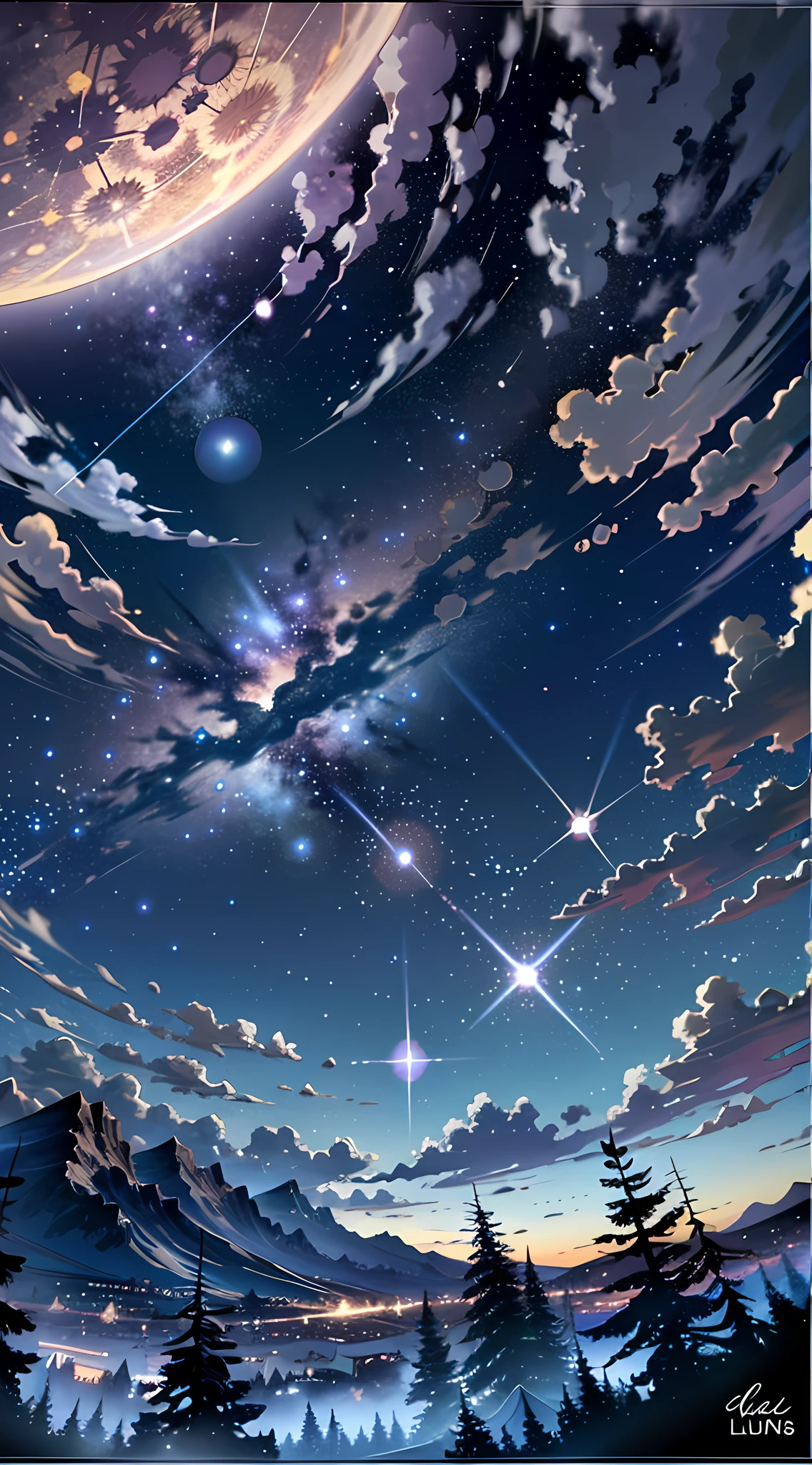 ((A illustration of a very vast fantastic starry sky and mysterious landscape)), masterpiece, BREAK , best quality, ultra detailed, hyper realistic, 16k, high resolution, BREAK , Design an image with a fisheye lens effect, capturing a wide field of view with a distinctive, curved perspective. BREAK , (dutch angle:1.2), BREAK , (Dynamic Composition:1.3), (Viewed from below:1.4), (Wide shot from back:1.4), (zoomed out:1.2), BREAK , (A woman with medium straight hair is sitting in a field of flowers with her dog Cavalier King Charles Spaniel and looking up at the sky:1.5). BREAK , Midnight starry sky, (Yellow full moon:1.3), (Meteor shower:1.3), (Cloud:1.2), Distant mountains, Trees, Fireflies, BREAK , Colorful vibrant starry sky, Dark blue tone, moonlight, Beautiful dark purple dark blue dark orange dark yellow lighting, Glow Lighting, Atmospheric Lighting, Cinematic lighting, Sparkle, Glowing light, Award-winning, Concept art,