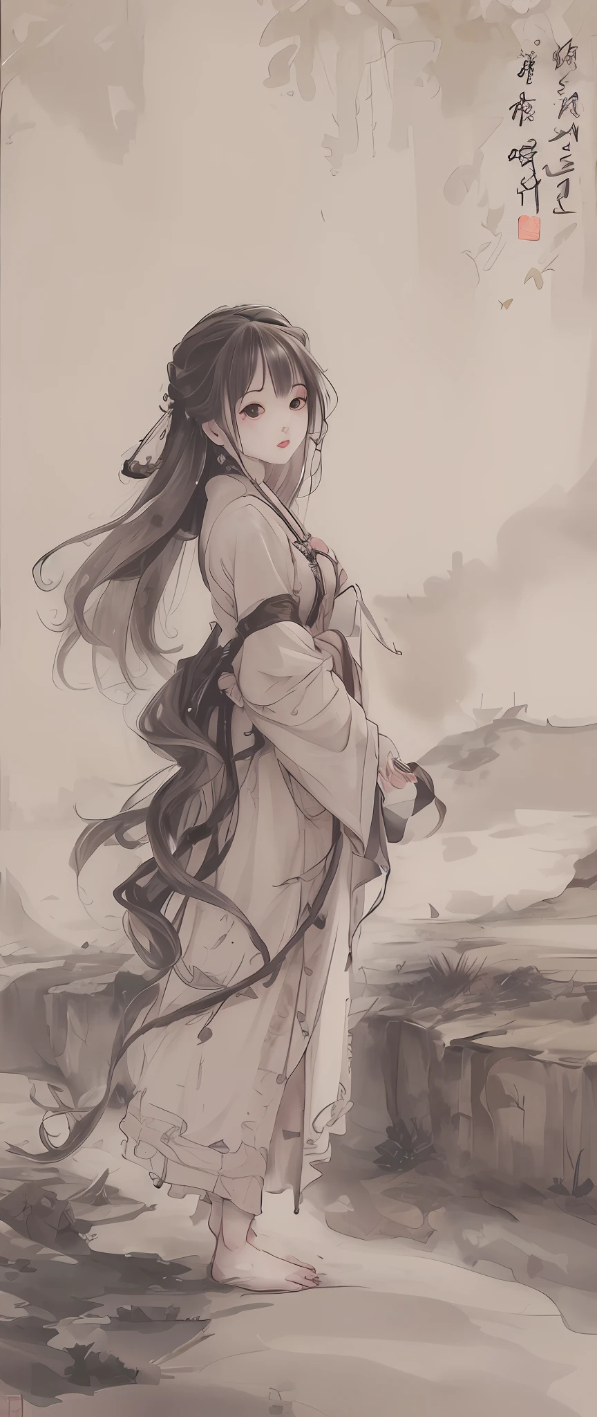 Painting of a woman in a long skirt on a high mountain, floating hair robe, Yang Jie, exquisite figure painting, court Hanfu girl, Ye Xin, works in guweiz style