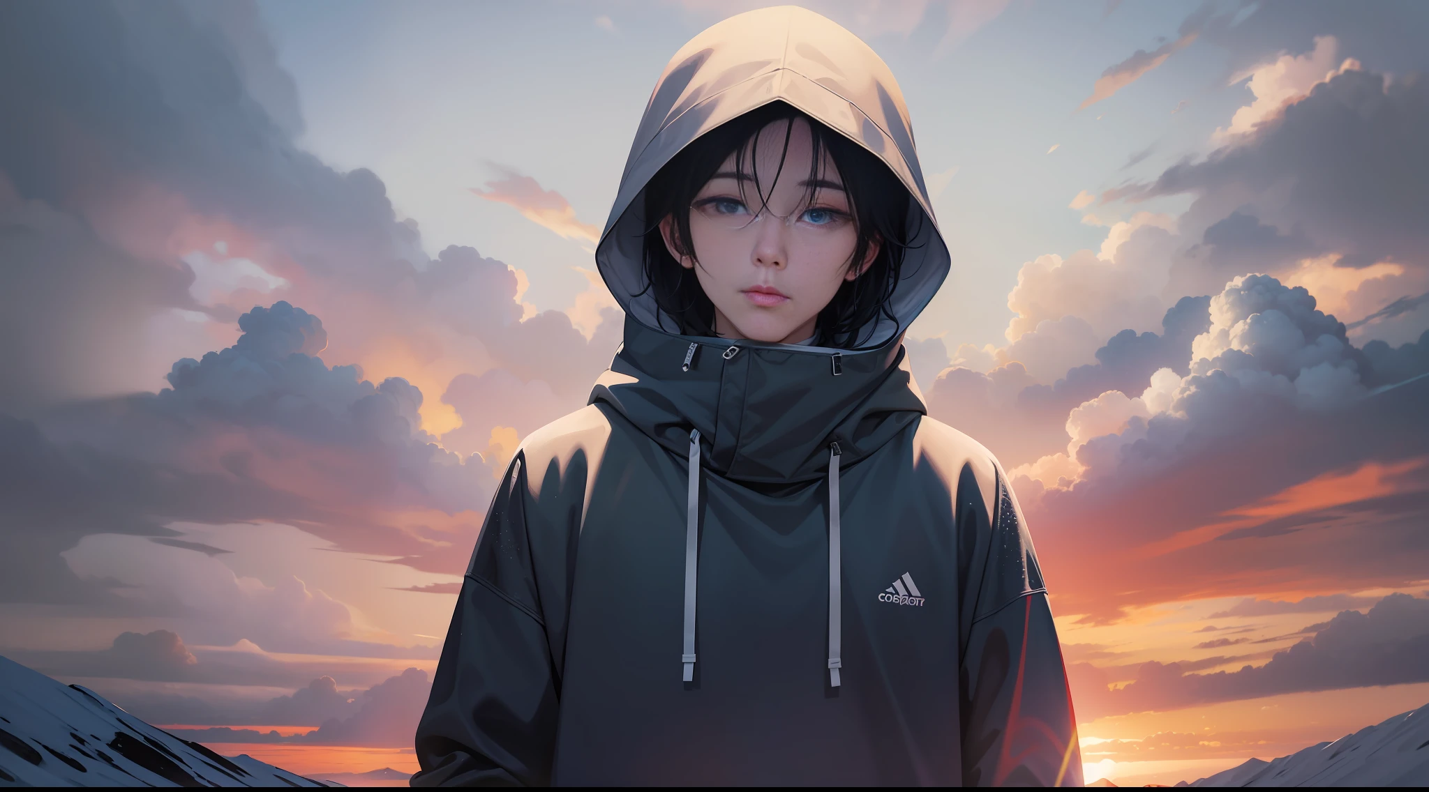 A man in a sweatshirt, standing in the snow, sunset, front face, close-up, inspired by Cai Xukun, Shin Jinying, Cheng Yanjun, Ruan Jian, Bian Luan, Jia Ruian, Surrealism, drop shadow, anaglyph, stereogram, tachi-e, pov, atmospheric perspective, 8k, super detail, ccurate, best quality