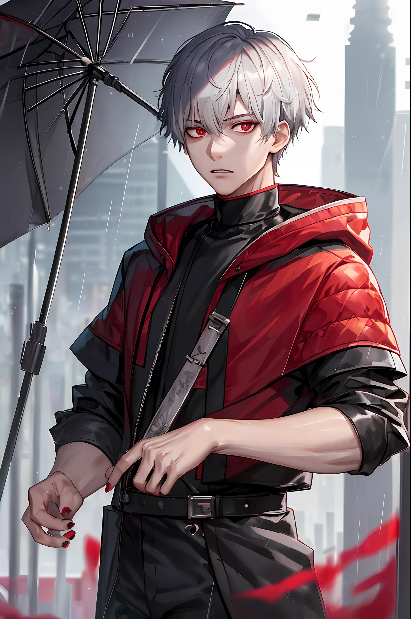 kk, best quality, more details, mastery, 1boy, kaneki ken, portrait, male focus, red eyes, solo, bangs, looking at viewer, hood, short hair, rain, tokyo tokyo \(city\), turban, nail polish , gray hair, luxury, 8k, detail, ray tracing, depth of field, movie lighting,