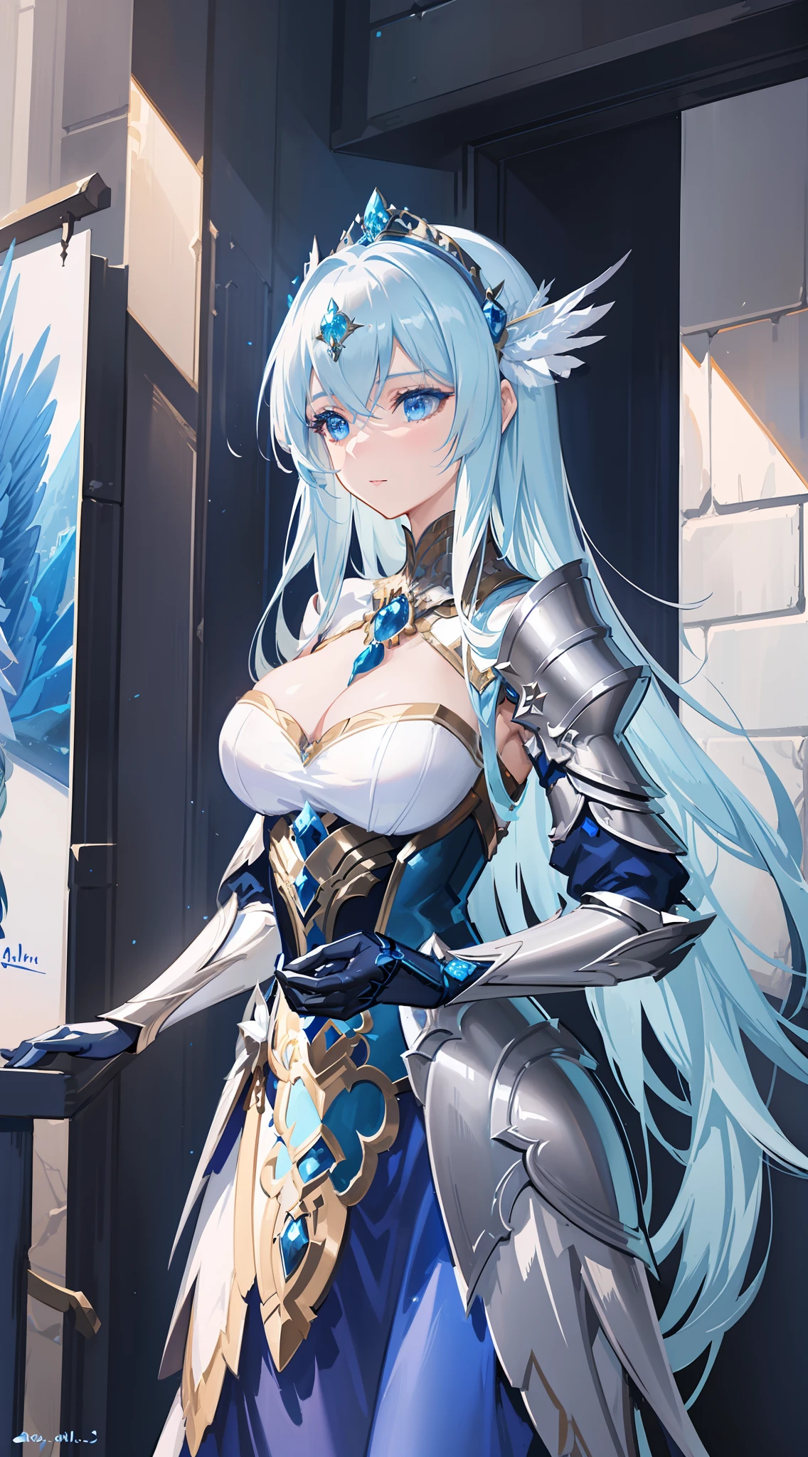 a close up of a woman in a blue dress with a feathered headpiece, detailed fantasy art, epic exquisite character art, 2. 5 d cgi anime fantasy artwork, stunning character art, 4k fantasy art, highly detailed fantasy art, pale blue armor, detailed fantasy digital art, clothed in ethereal armor, fantasy art style, beautiful armor, beautiful fantasy art