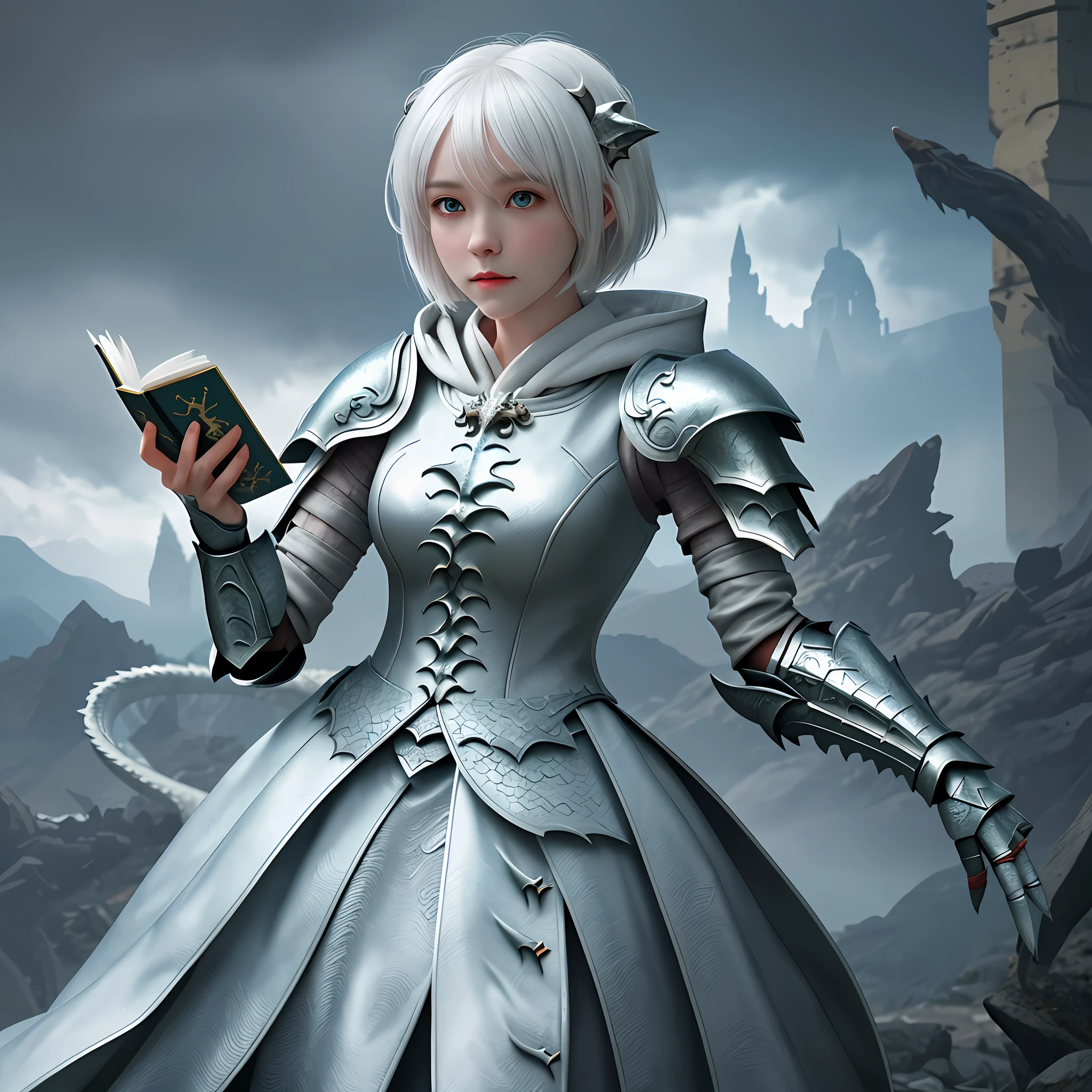 1 girl, white short hair, detailed eyes,flat face,big breast, dragon armor combine with hoodie, dragon shoulder armor,hand armor,dragon cape,dragon horn, holding a magic book, authoritative pose, ruin background,(high quality),(8k)