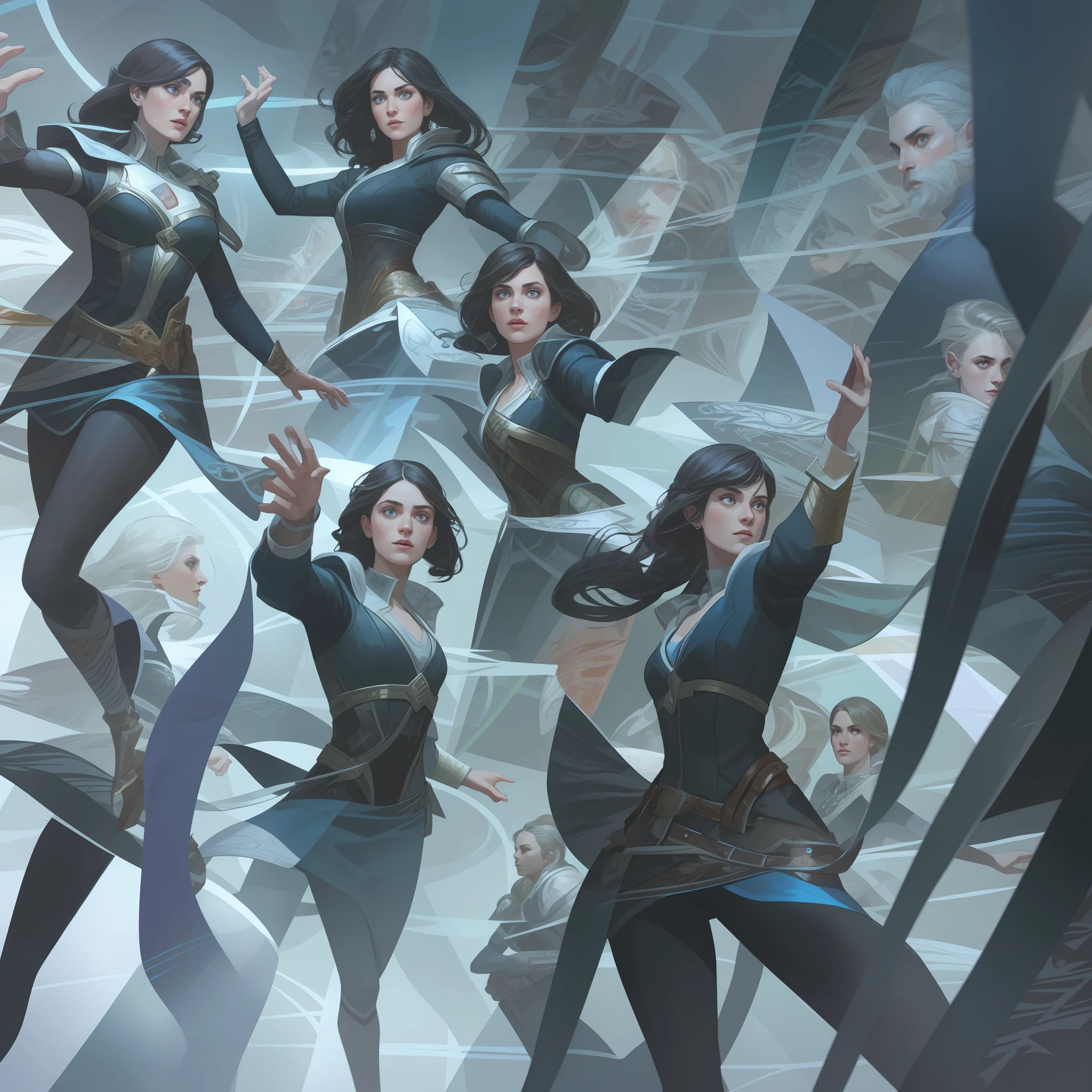 masterpiece, best quality, hyper detailed gouache portrait of a gorgeous woman speaking with other people, group conversation, character art portrait, detailed character portrait, epic scene illustration, graphic novel scene, dramatic tense scene