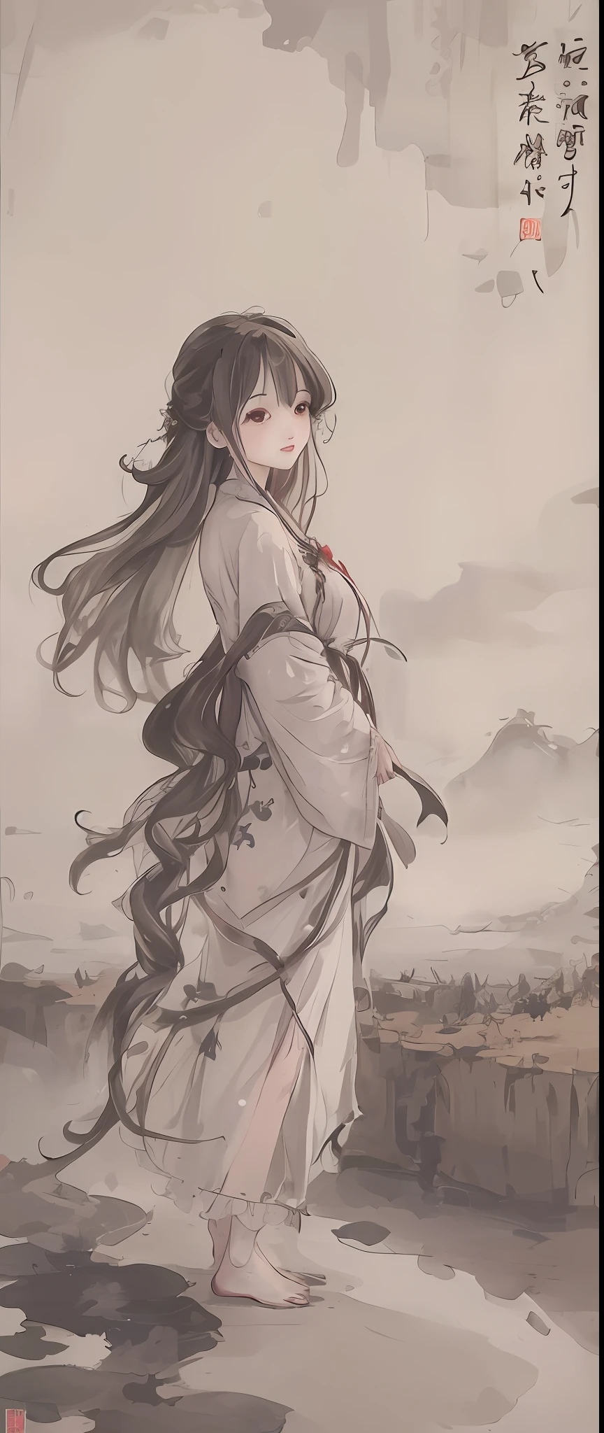 painting of a woman in a long dress standing on a cliff, flowing hair and long robes, by Yang J, beautiful character painting, palace , a girl in hanfu, by Zeng Jing, guweiz, guweiz on pixiv artstation, by Zhou Fang, by Huang Shen, by Ye Xin, artwork in the style of guweiz