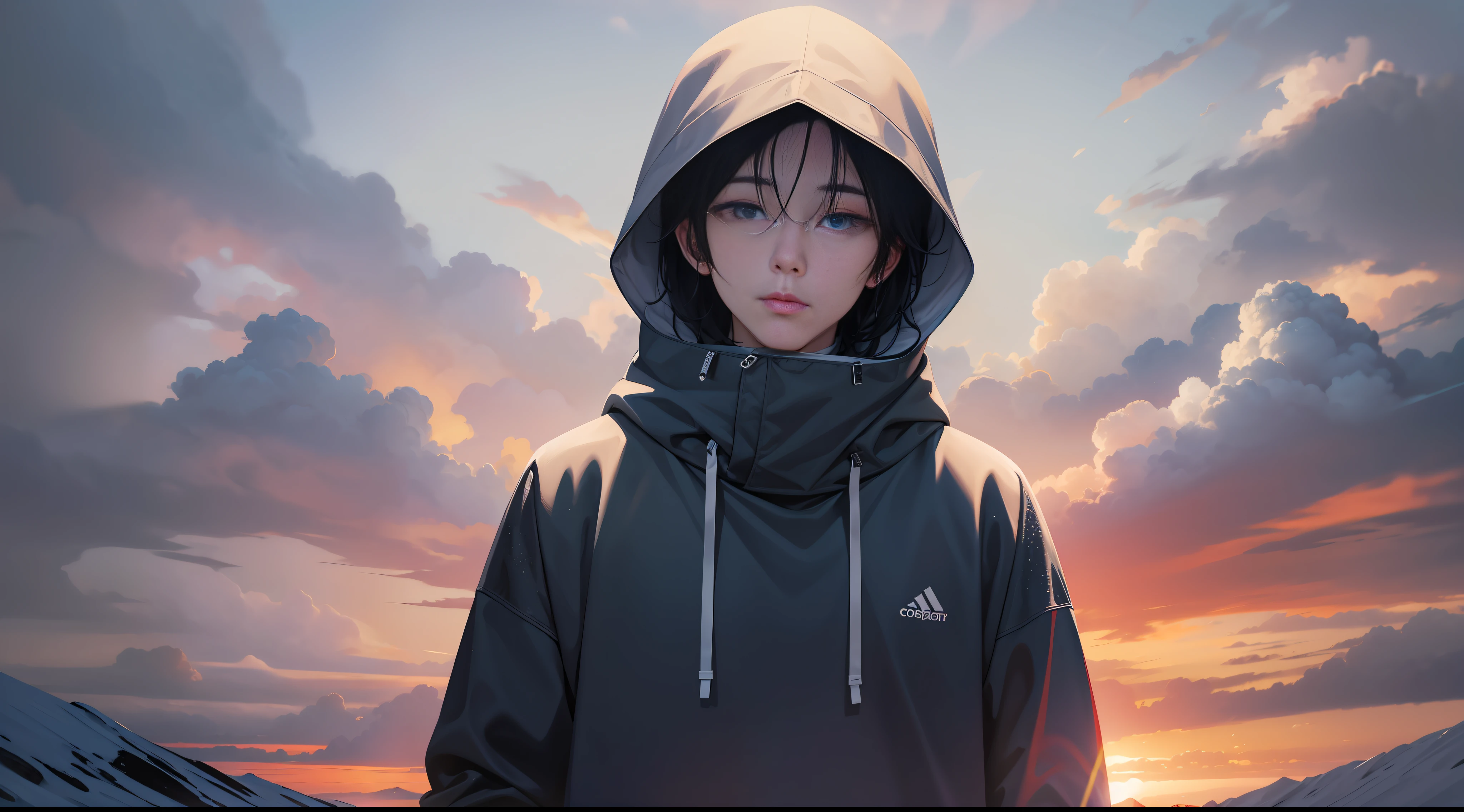 A man in a sweatshirt, standing in the snow, sunset, front face, close-up, inspired by Cai Xukun, Shin Jinying, Cheng Yanjun, Ruan Jian, Bian Luan, Jia Ruian, Surrealism, drop shadow, anaglyph, stereogram, tachi-e, pov, atmospheric perspective, 8k, super detail, ccurate, best quality