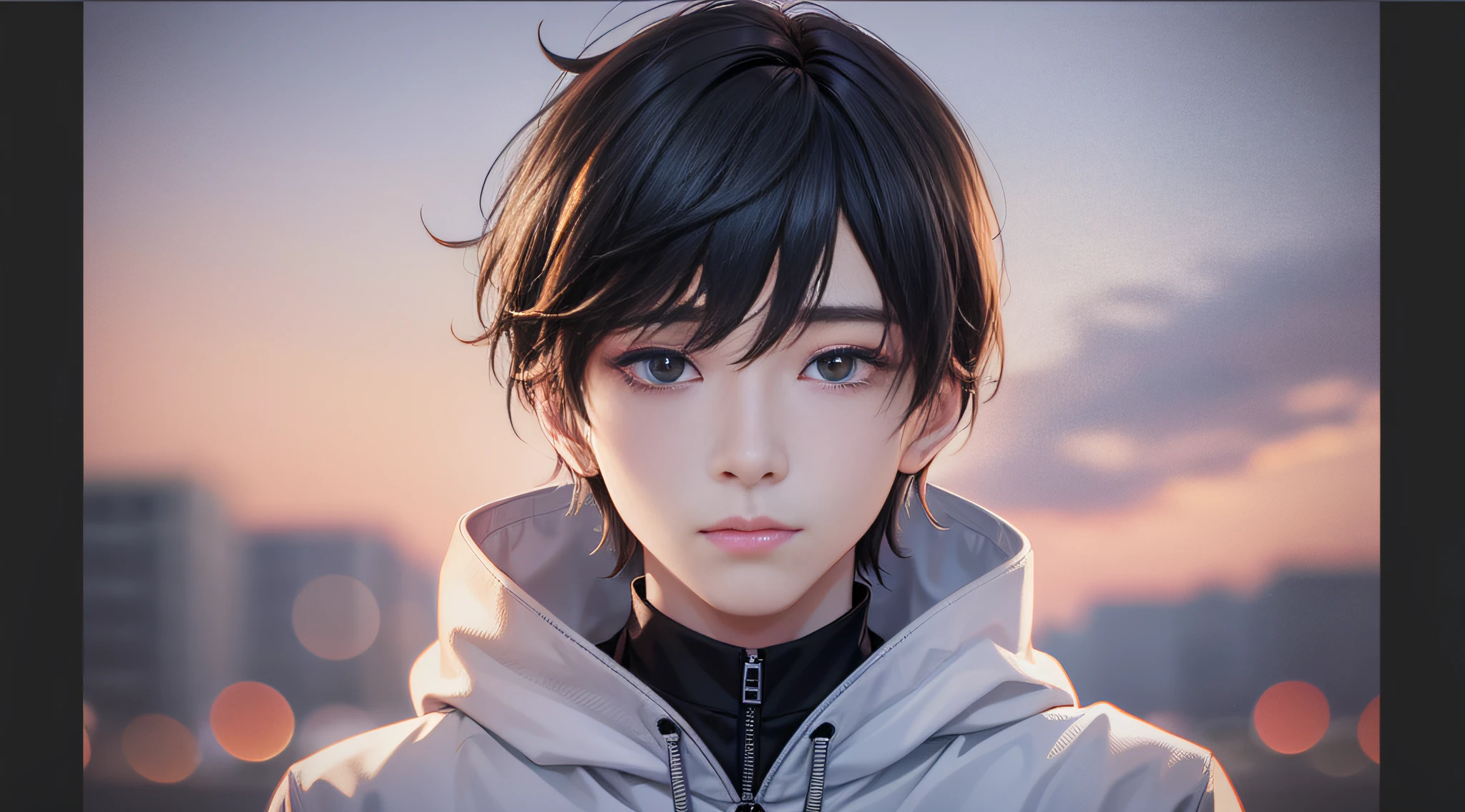 A man in a sweatshirt, standing in the snow, sunset, front face, close-up, inspired by Cai Xukun, Shin Jinying, Cheng Yanjun, Ruan Jian, Bian Luan, Jia Ruian, Surrealism, drop shadow, anaglyph, stereogram, tachi-e, pov, atmospheric perspective, 8k, super detail, ccurate, best quality