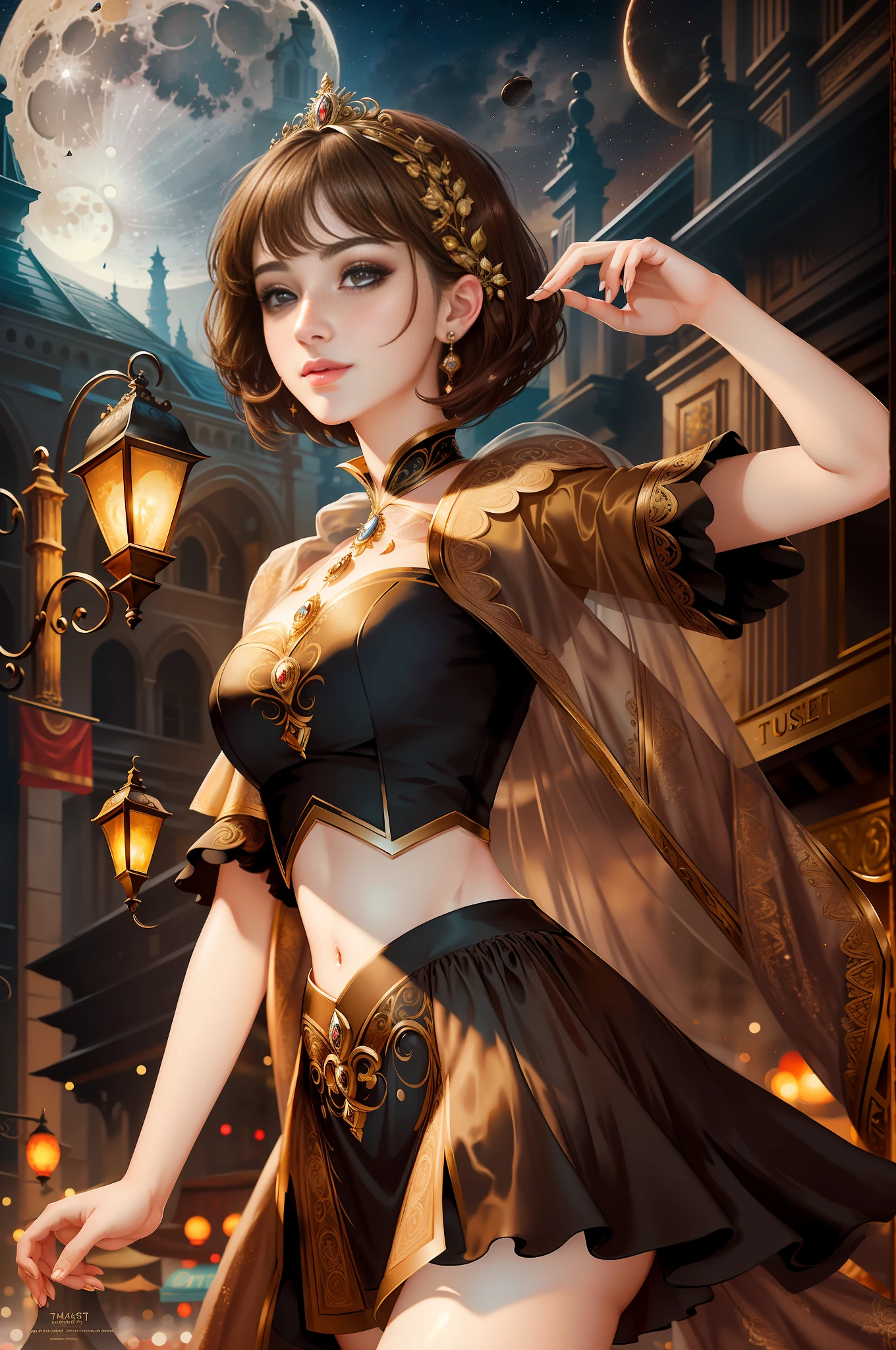 best quality, masterpiece, ultra resolution, (unreal engine: 1.4, realistic: 1.4), original photo, masterpiece, best quality, super detail, Illustrations, (bust shot, street, moon light), masterpiece, 1girl, solo exhibition, beautiful woman on bustling street, surrounded by vendors, beautiful goddess girl portrait, beautiful and detailed face, porcelain skin, ((bust lens, center, night, brunette hair, short hair)), super soft lighting, symmetry, complexity, elegance, high detail, realism , art, concept art, smile, fantasy costume, super fine costume,